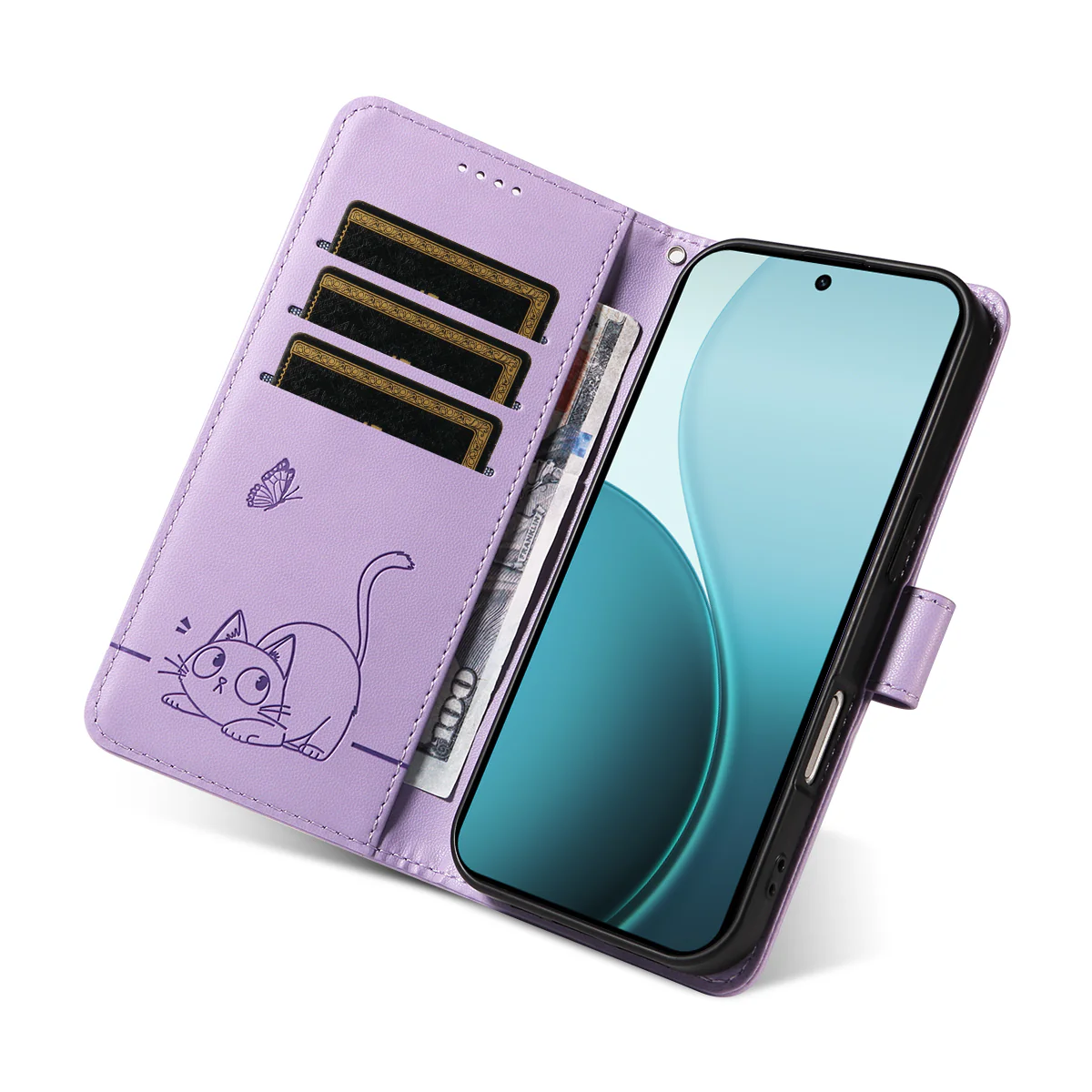 For Oppo Reno14 Pro 5G (China) / Oppo Reno14 Pro 5G (Global) Case Cat Pattern Imprint Leather Phone Cover with Wrist Strap - Purple - Image 8