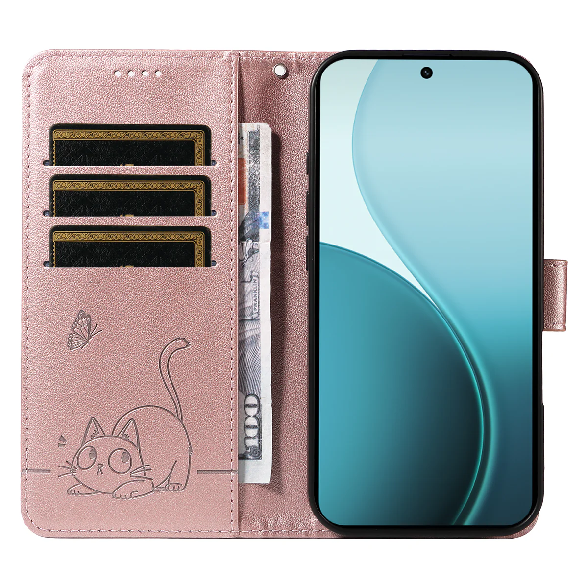 For Oppo Reno14 Pro 5G (China) / Oppo Reno14 Pro 5G (Global) Case Cat Pattern Imprint Leather Phone Cover with Wrist Strap - Rose Gold - Image 2