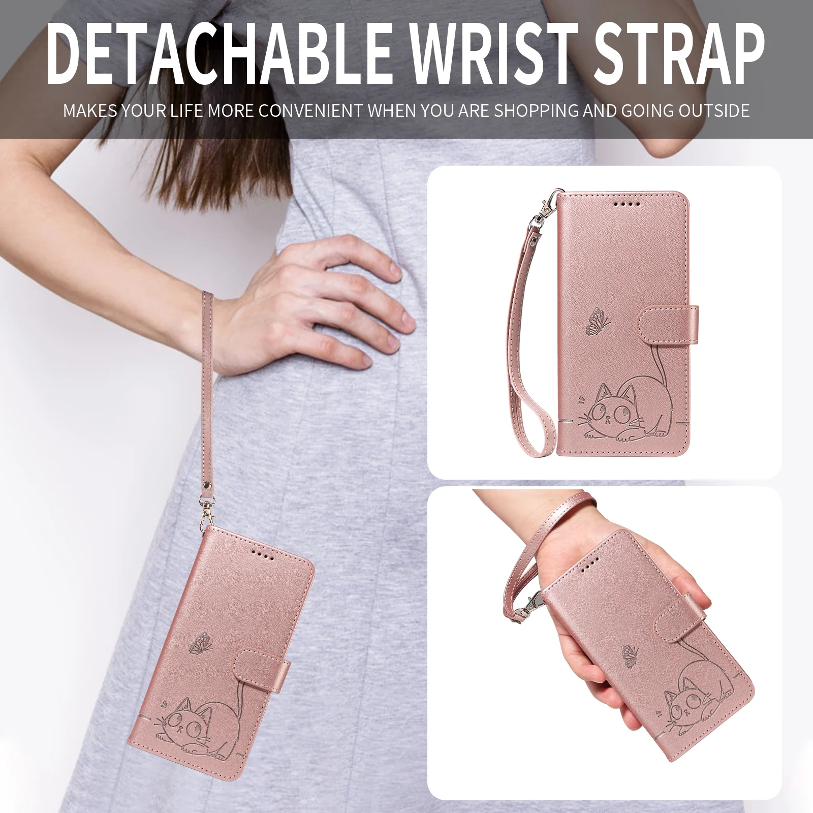 For Oppo Reno14 Pro 5G (China) / Oppo Reno14 Pro 5G (Global) Case Cat Pattern Imprint Leather Phone Cover with Wrist Strap - Rose Gold - Image 3
