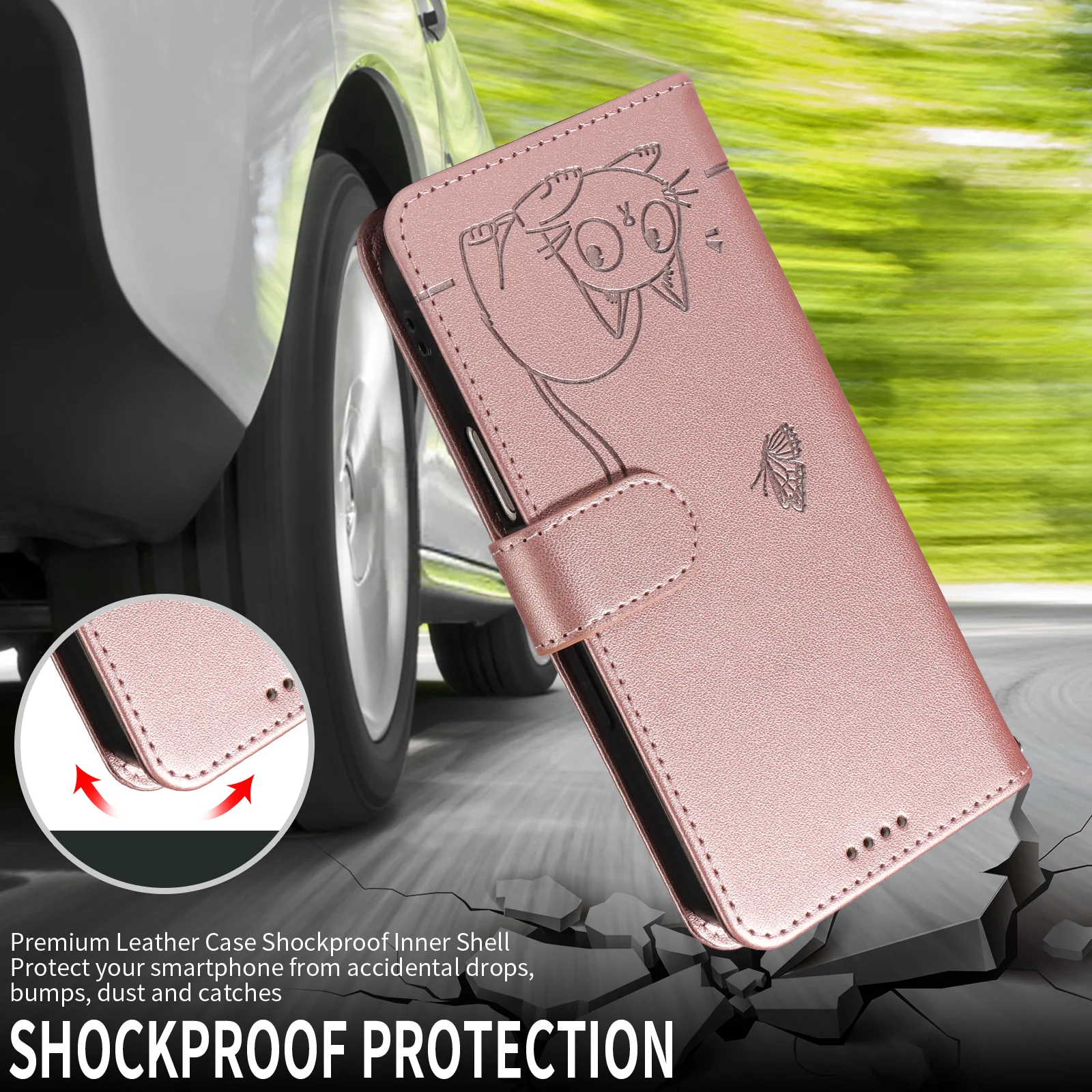 For Oppo Reno14 Pro 5G (China) / Oppo Reno14 Pro 5G (Global) Case Cat Pattern Imprint Leather Phone Cover with Wrist Strap - Rose Gold - Image 5