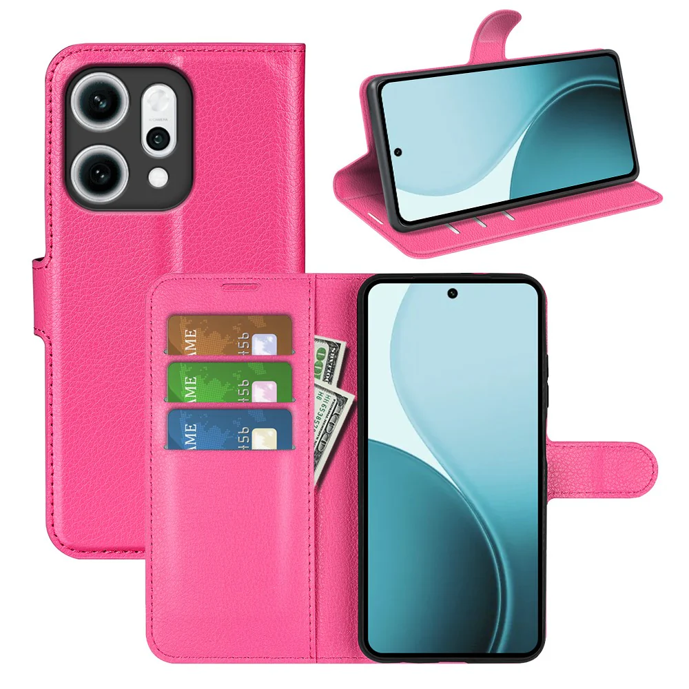 For Oppo Reno14 Pro 5G (China) / Oppo Reno14 Pro 5G (Global) Case Litchi Texture Shockproof Leather Wallet Phone Cover - Rose Red - Image 6