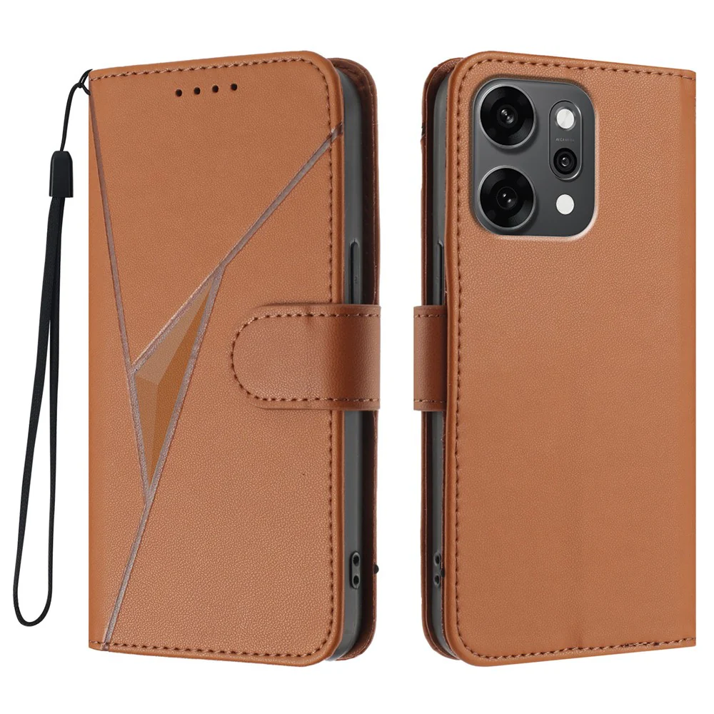 For Oppo Reno14 Pro 5G (China) / Oppo Reno14 Pro 5G (Global) Case Triangle Imprint Leather Phone Cover with Lanyard - Coffee