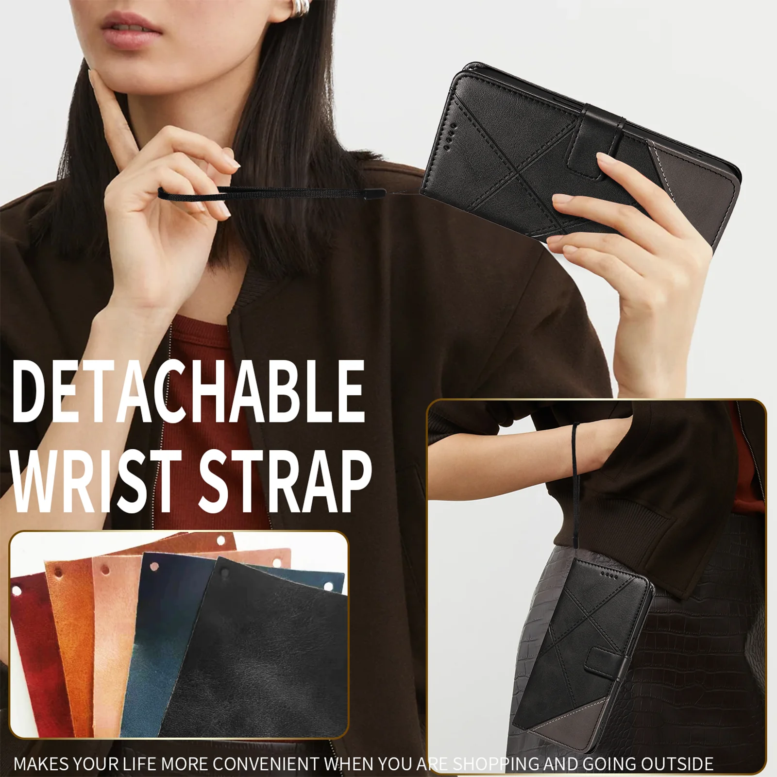 For Oppo Reno14 Pro 5G (China) / Oppo Reno14 Pro 5G (Global) Leather Case Geometric Line Design Wallet Phone Cover with Wrist Strap - Black - Image 4