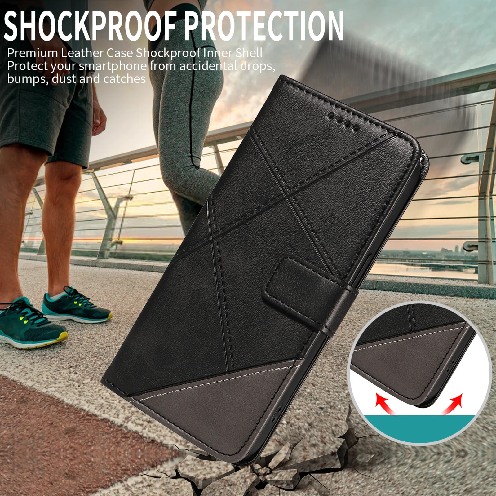 For Oppo Reno14 Pro 5G (China) / Oppo Reno14 Pro 5G (Global) Leather Case Geometric Line Design Wallet Phone Cover with Wrist Strap - Black - Image 5