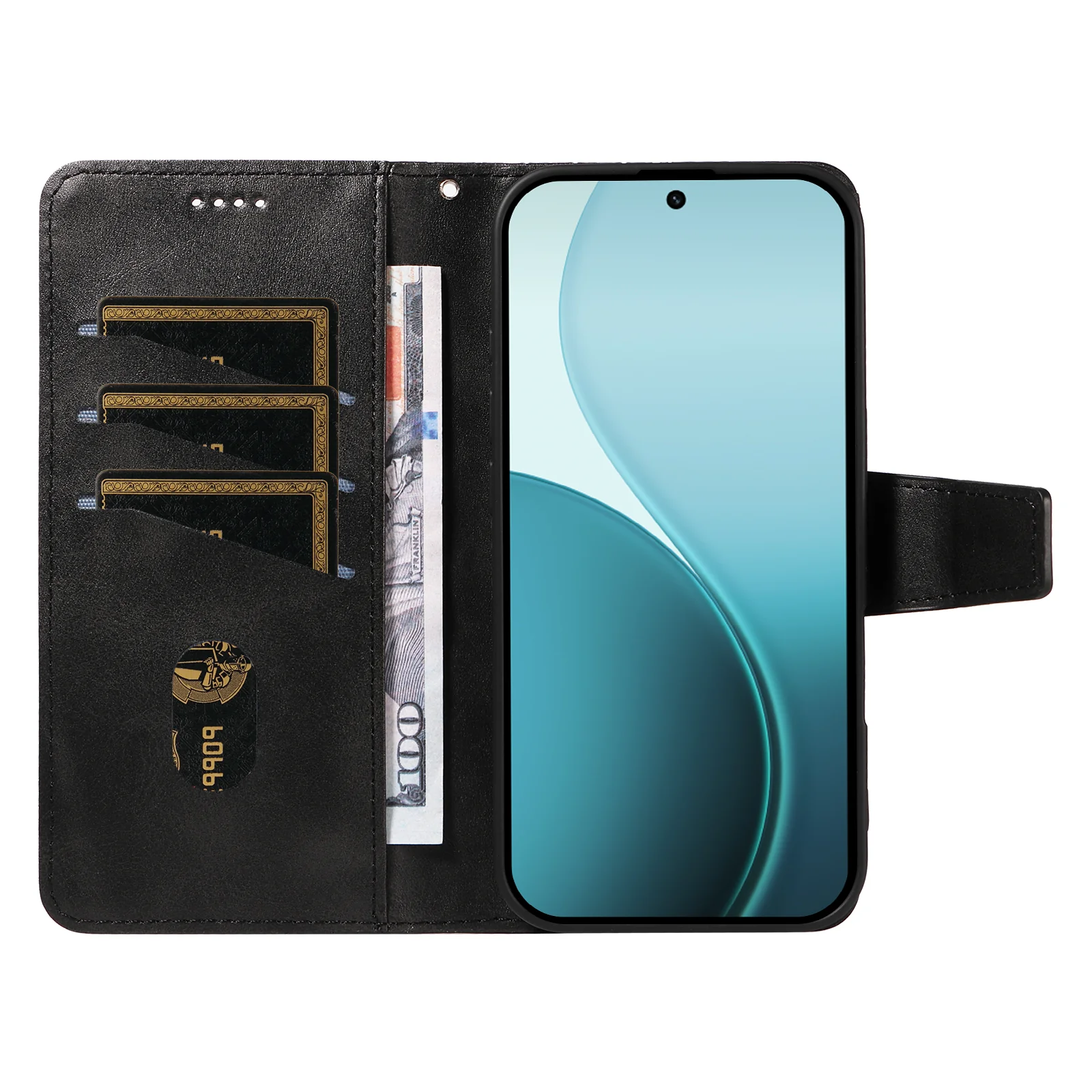 For Oppo Reno14 Pro 5G (China) / Oppo Reno14 Pro 5G (Global) Leather Case Wallet Stand Grids Imprinted Phone Cover with Strap - Black - Image 2