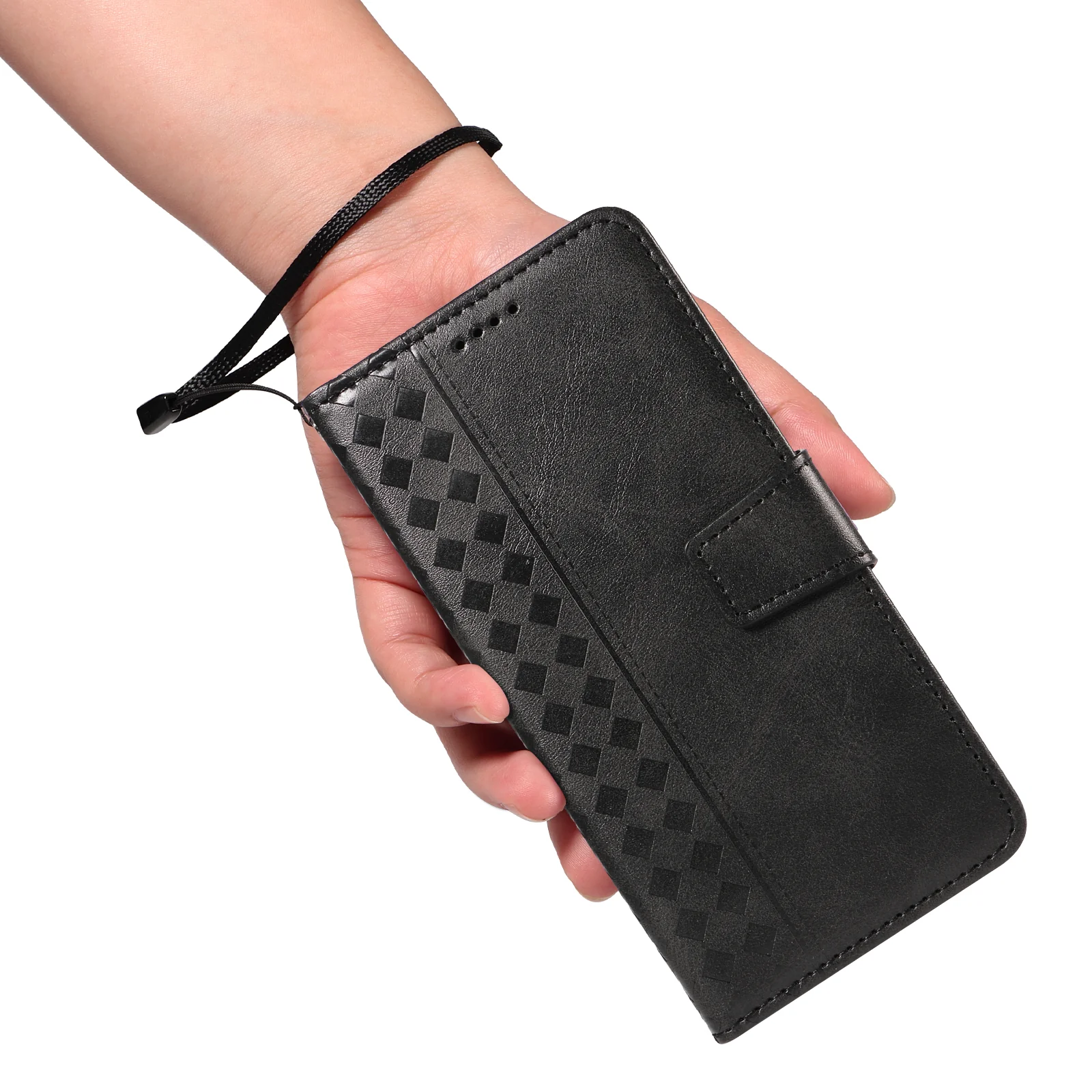 For Oppo Reno14 Pro 5G (China) / Oppo Reno14 Pro 5G (Global) Leather Case Wallet Stand Grids Imprinted Phone Cover with Strap - Black - Image 5