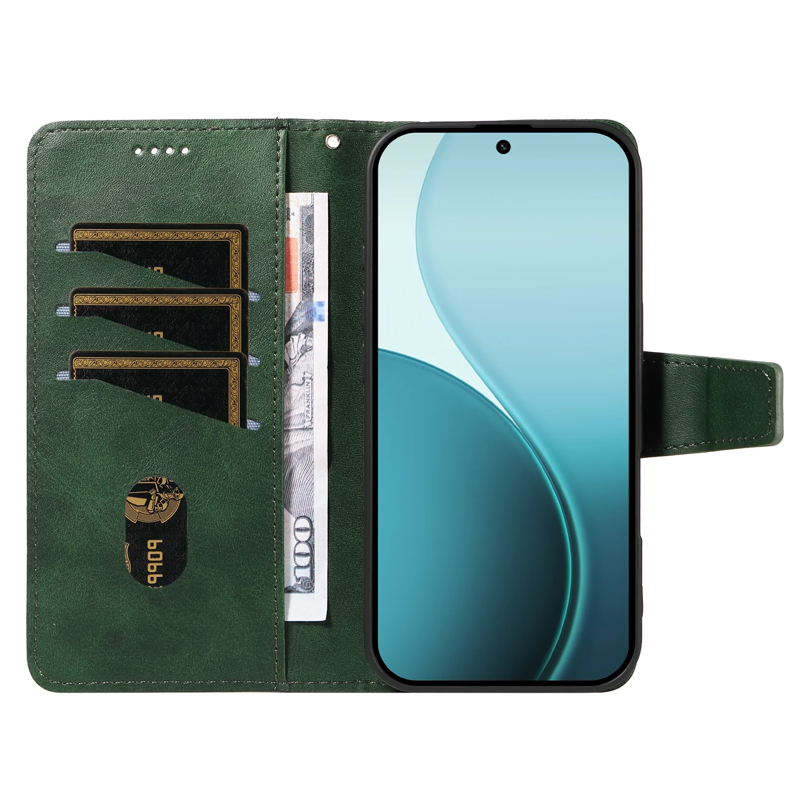 For Oppo Reno14 Pro 5G (China) / Oppo Reno14 Pro 5G (Global) Leather Case Wallet Stand Grids Imprinted Phone Cover with Strap - Green - Image 2