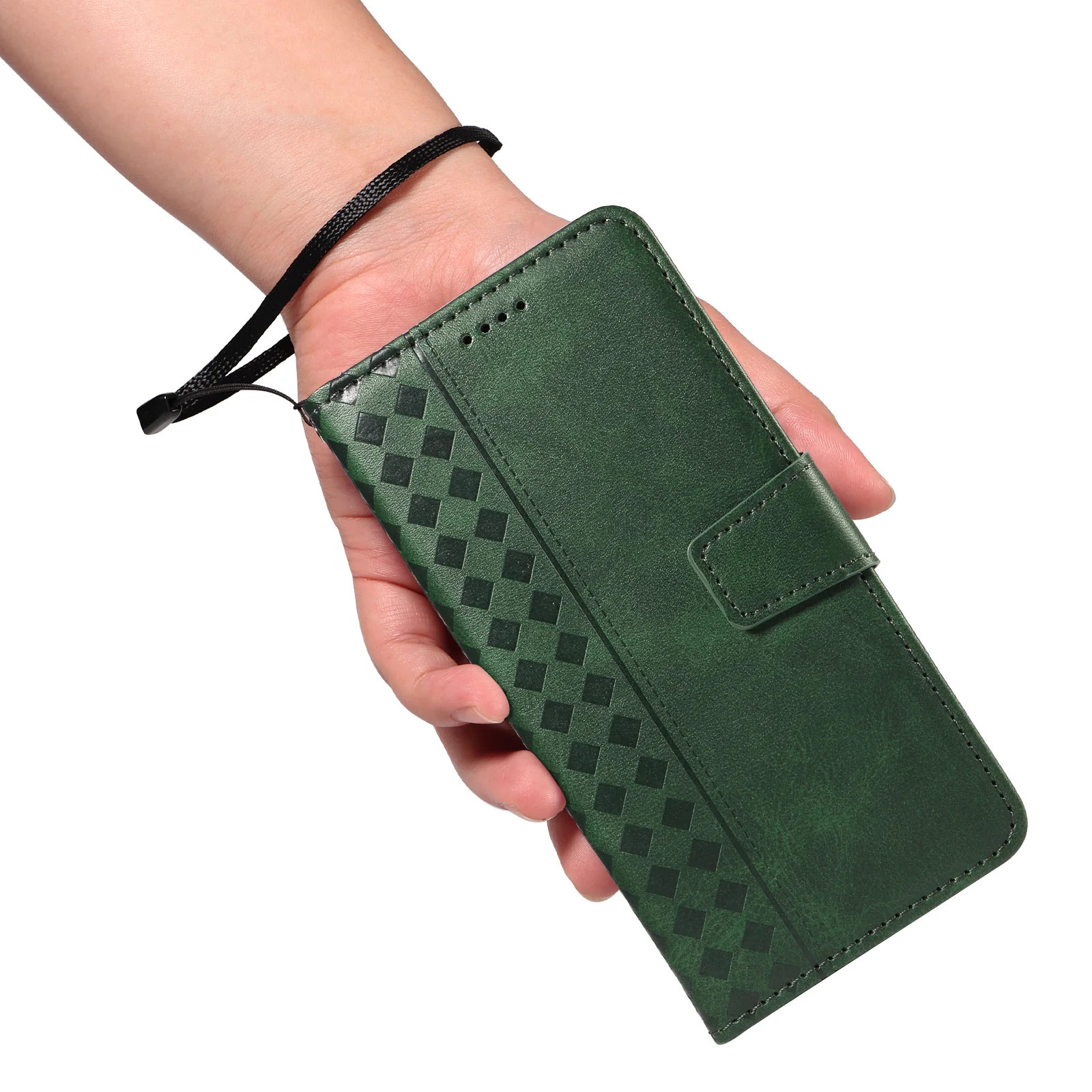 For Oppo Reno14 Pro 5G (China) / Oppo Reno14 Pro 5G (Global) Leather Case Wallet Stand Grids Imprinted Phone Cover with Strap - Green - Image 5