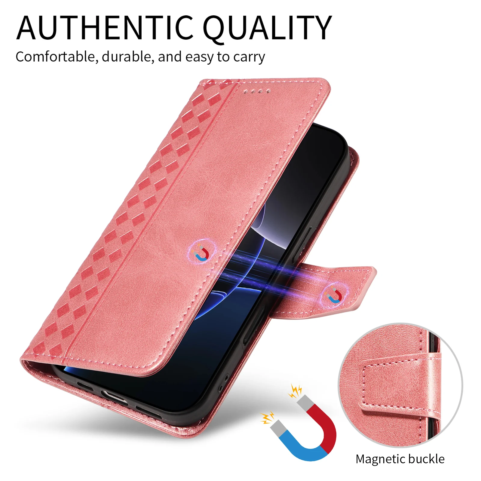 For Oppo Reno14 Pro 5G (China) / Oppo Reno14 Pro 5G (Global) Leather Case Wallet Stand Grids Imprinted Phone Cover with Strap - Rose Gold - Image 4