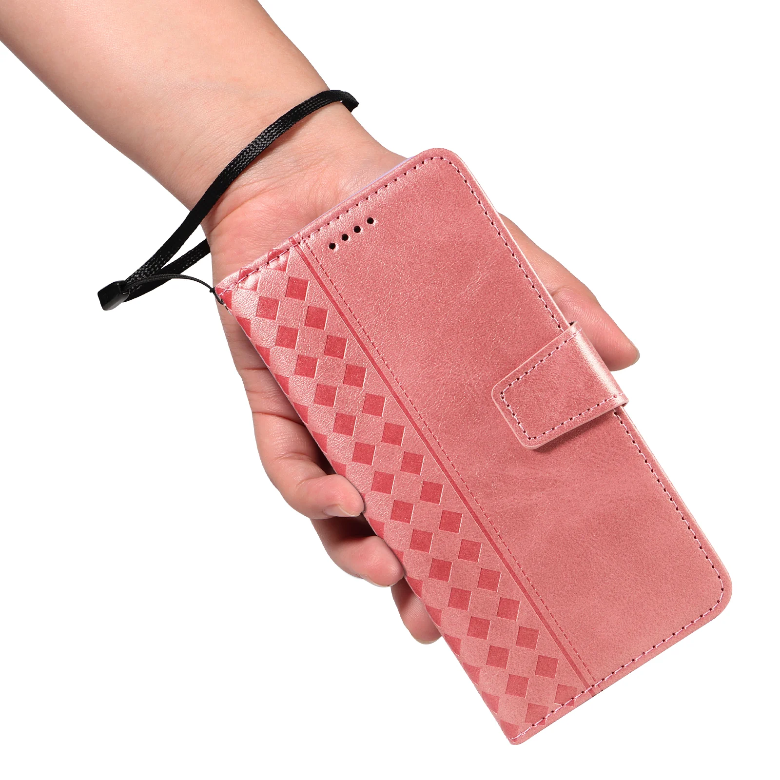 For Oppo Reno14 Pro 5G (China) / Oppo Reno14 Pro 5G (Global) Leather Case Wallet Stand Grids Imprinted Phone Cover with Strap - Rose Gold - Image 5