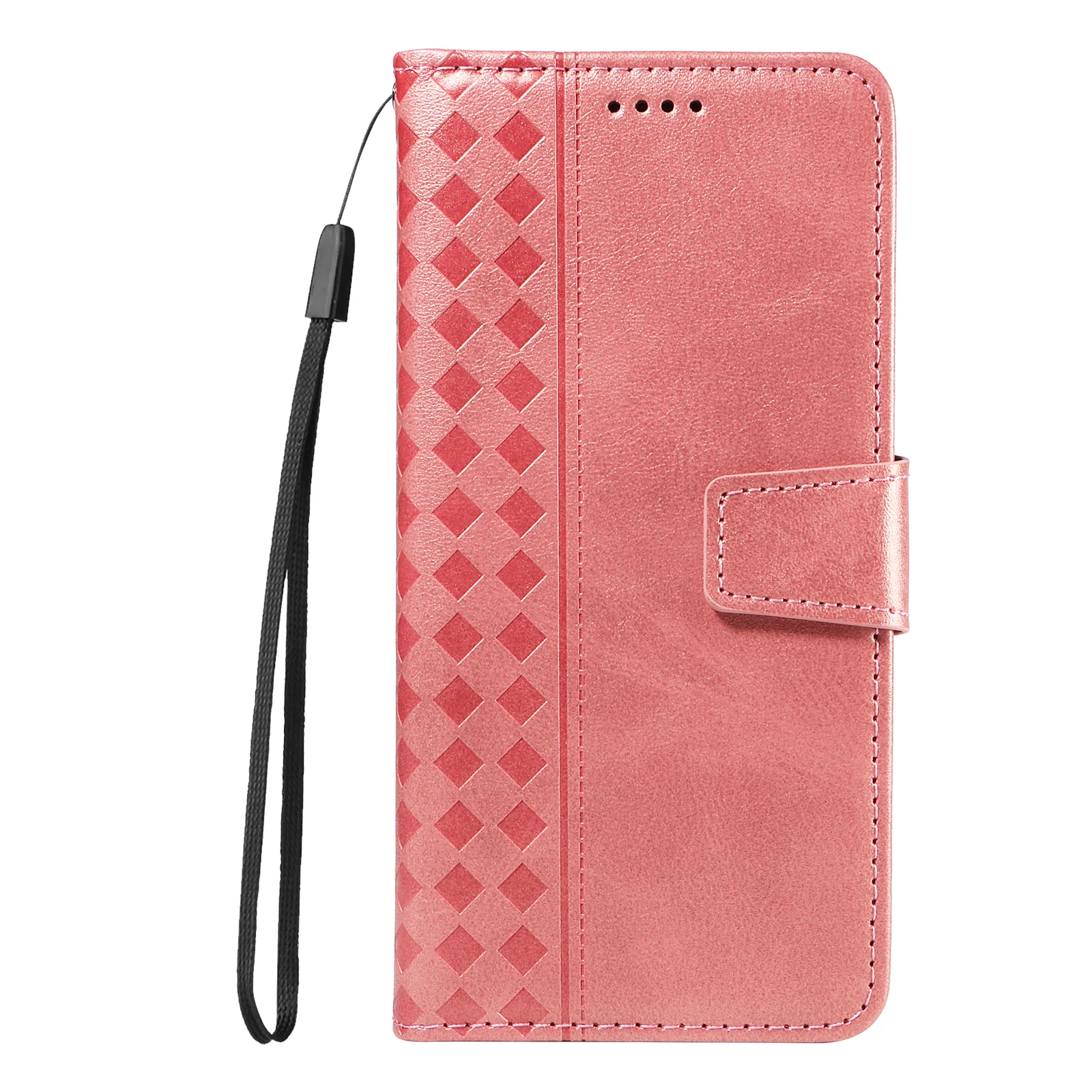For Oppo Reno14 Pro 5G (China) / Oppo Reno14 Pro 5G (Global) Leather Case Wallet Stand Grids Imprinted Phone Cover with Strap - Rose Gold - Image 6