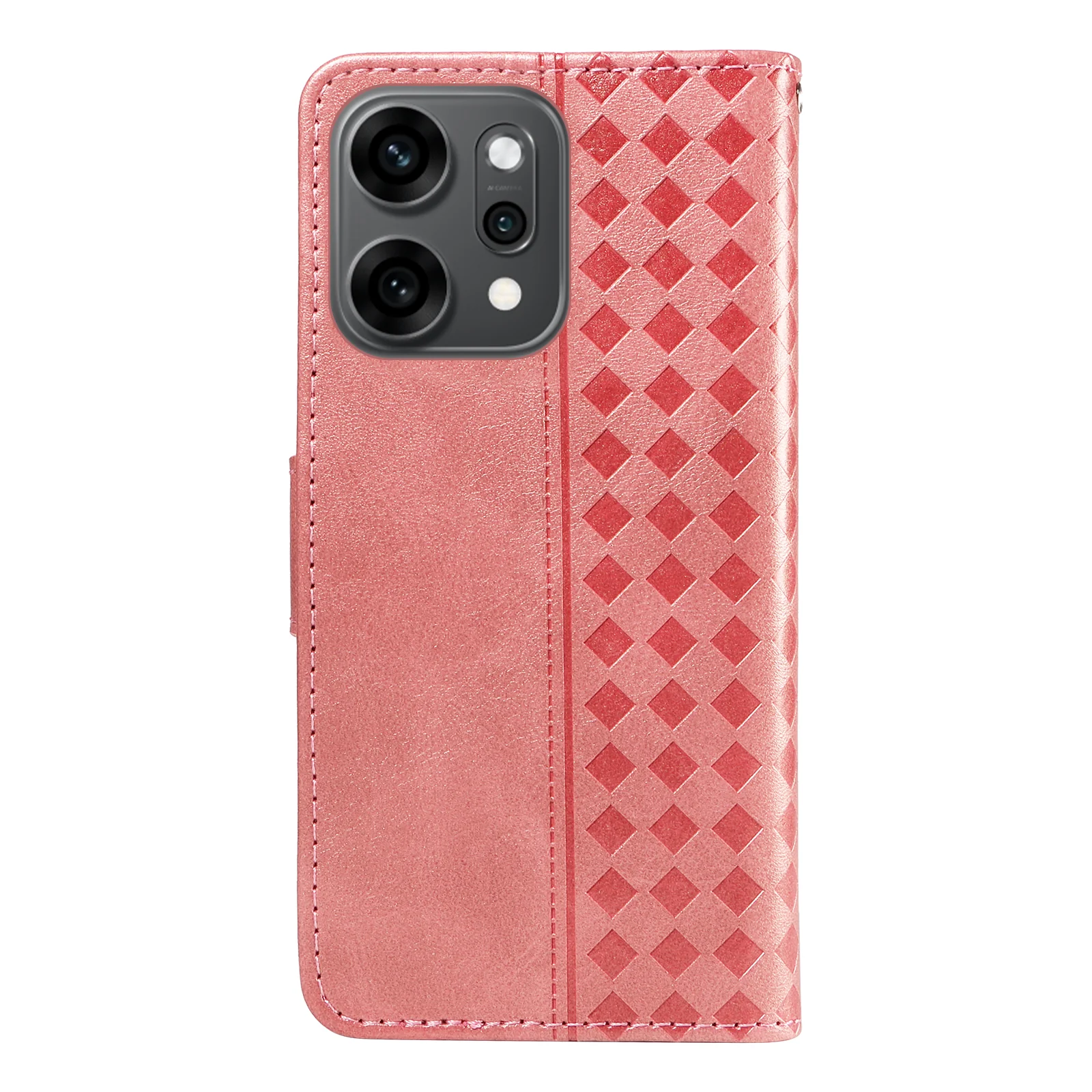 For Oppo Reno14 Pro 5G (China) / Oppo Reno14 Pro 5G (Global) Leather Case Wallet Stand Grids Imprinted Phone Cover with Strap - Rose Gold - Image 7