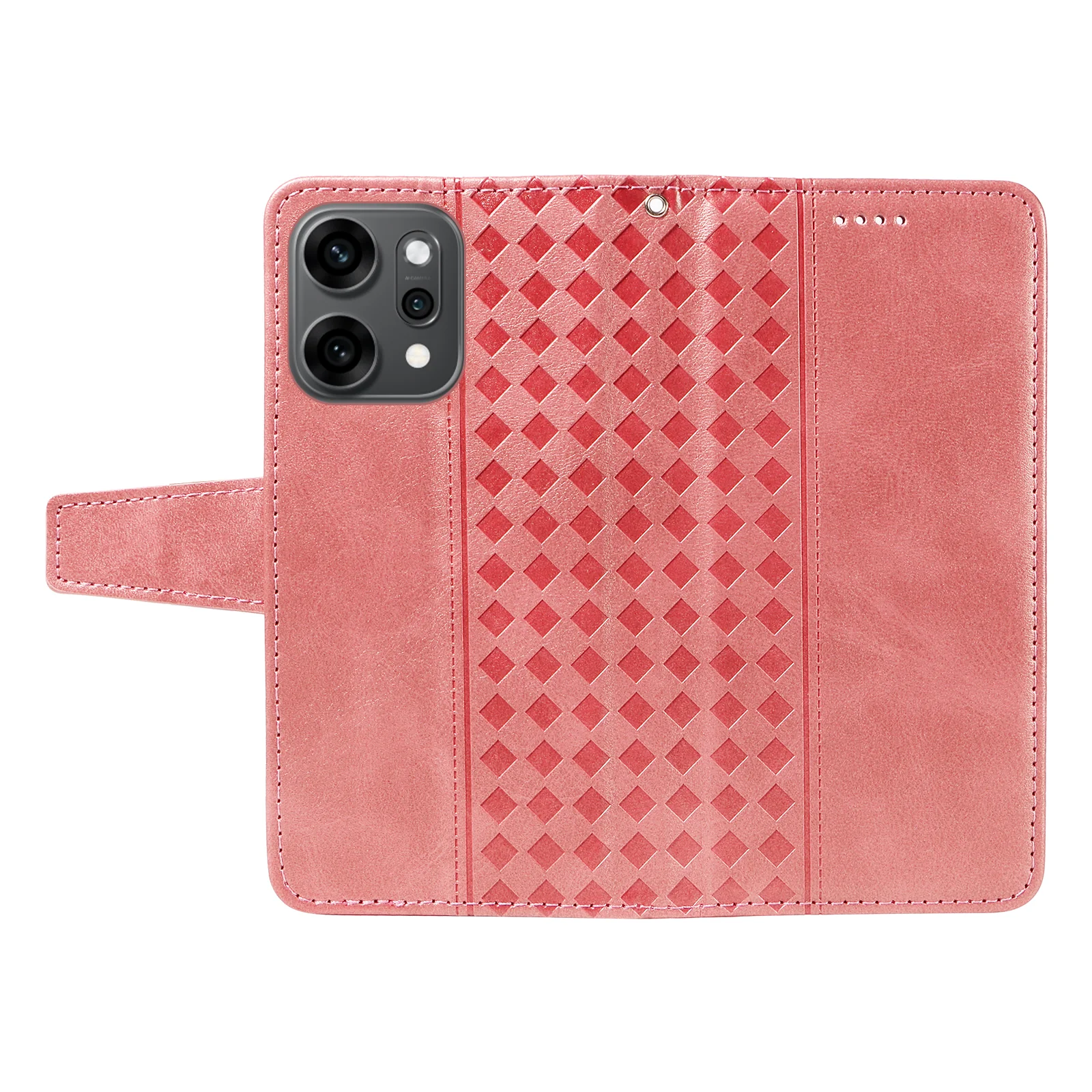 For Oppo Reno14 Pro 5G (China) / Oppo Reno14 Pro 5G (Global) Leather Case Wallet Stand Grids Imprinted Phone Cover with Strap - Rose Gold - Image 8