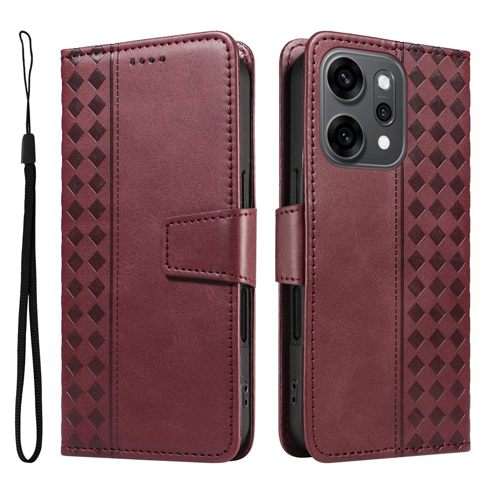 For Oppo Reno14 Pro 5G (China) / Oppo Reno14 Pro 5G (Global) Leather Case Wallet Stand Grids Imprinted Phone Cover with Strap - Wine Red