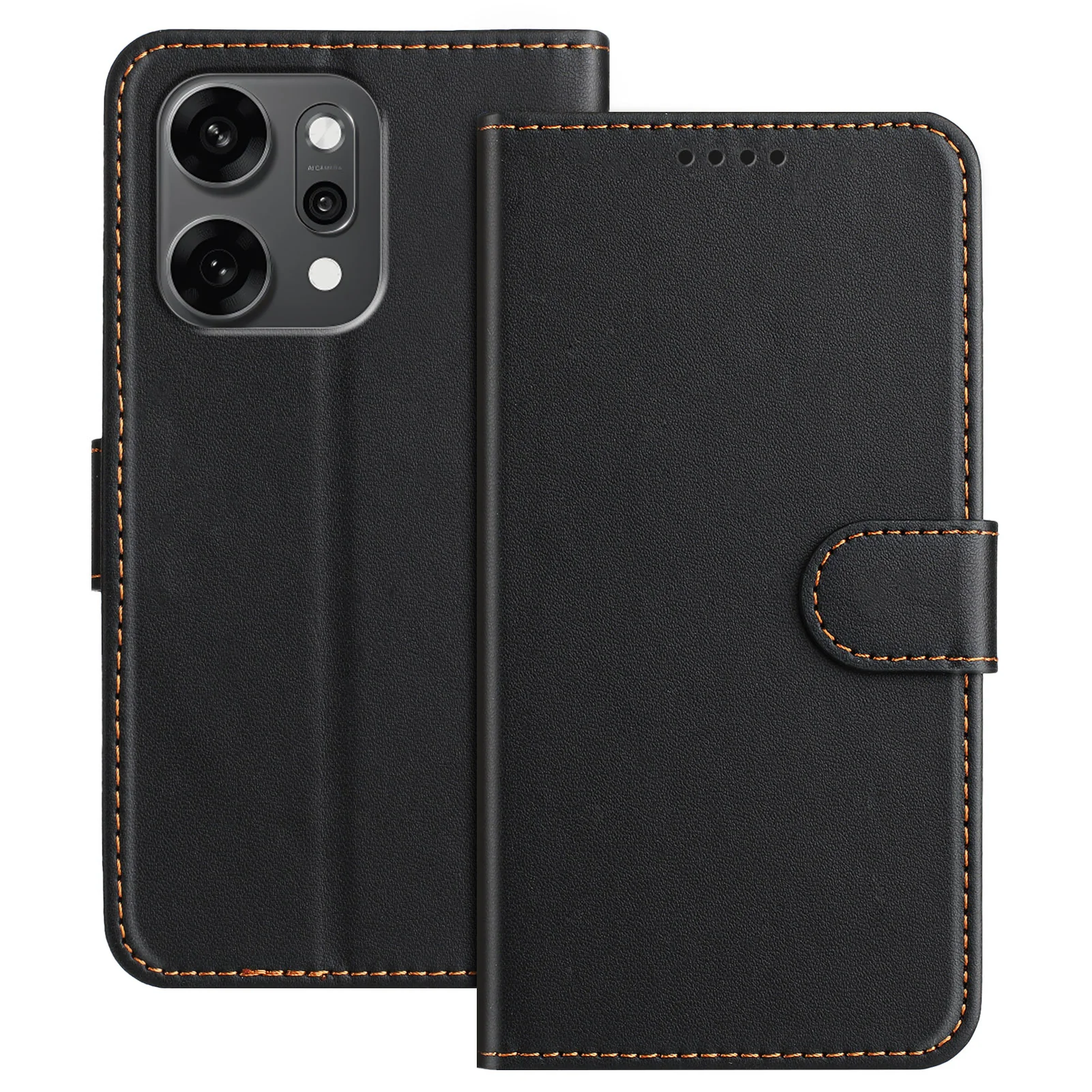 For Oppo Reno14 Pro 5G (China) / Oppo Reno14 Pro 5G (Global) Leather Case Wallet Stand Solid Color Anti Drop Phone Cover - Black
