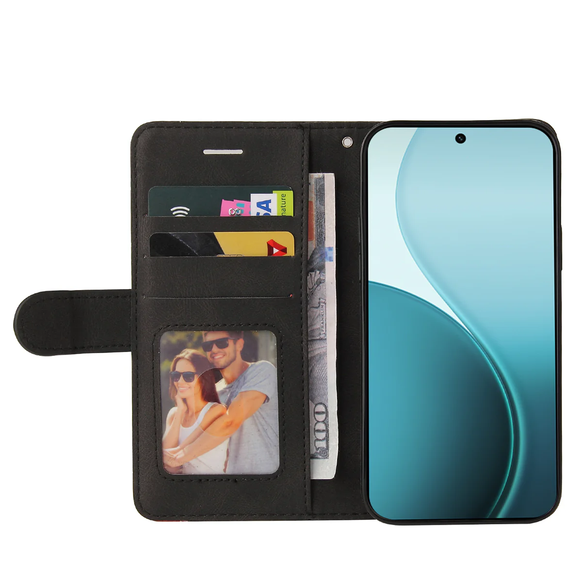 For Oppo Reno14 Pro 5G (China) / Oppo Reno14 Pro 5G (Global) Leather Phone Case Stand Wallet with Bi-colour Splicing Design - Black - Image 2