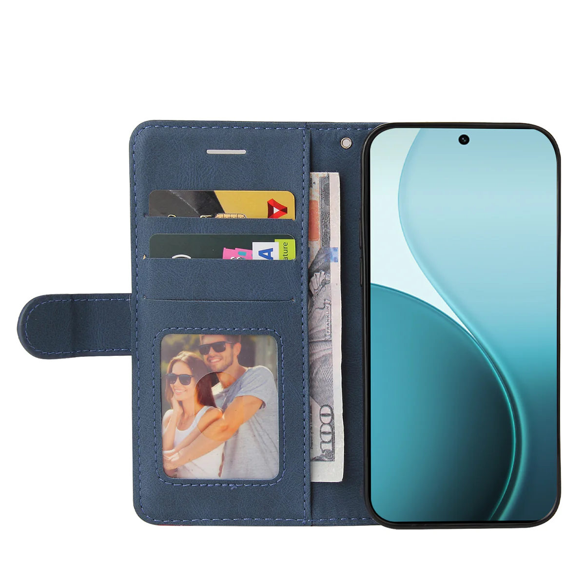 For Oppo Reno14 Pro 5G (China) / Oppo Reno14 Pro 5G (Global) Leather Phone Case Stand Wallet with Bi-colour Splicing Design - Blue - Image 2