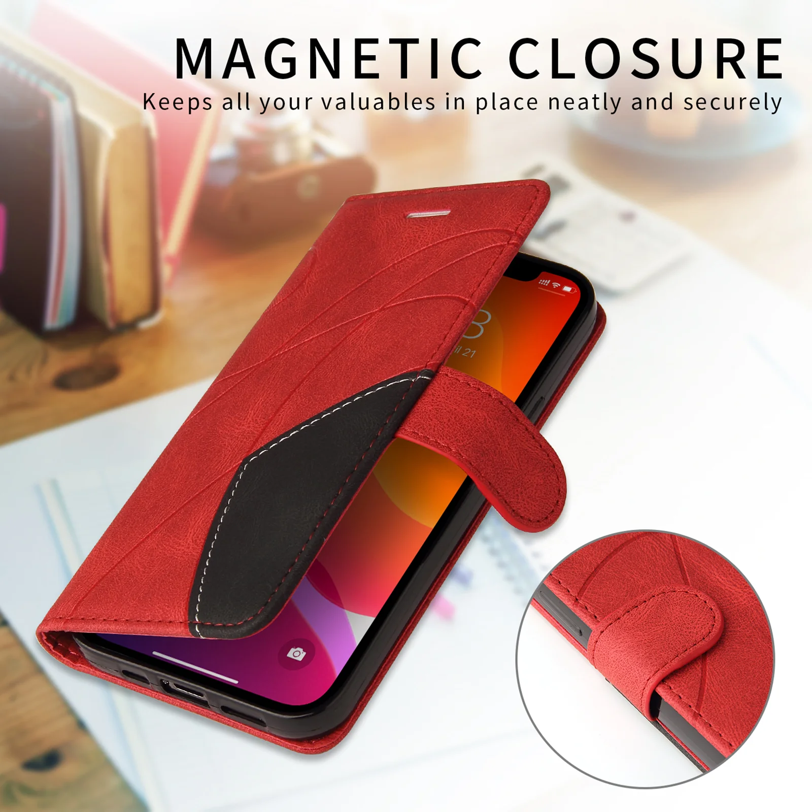For Oppo Reno14 Pro 5G (China) / Oppo Reno14 Pro 5G (Global) Leather Phone Case Stand Wallet with Bi-colour Splicing Design - Red - Image 4