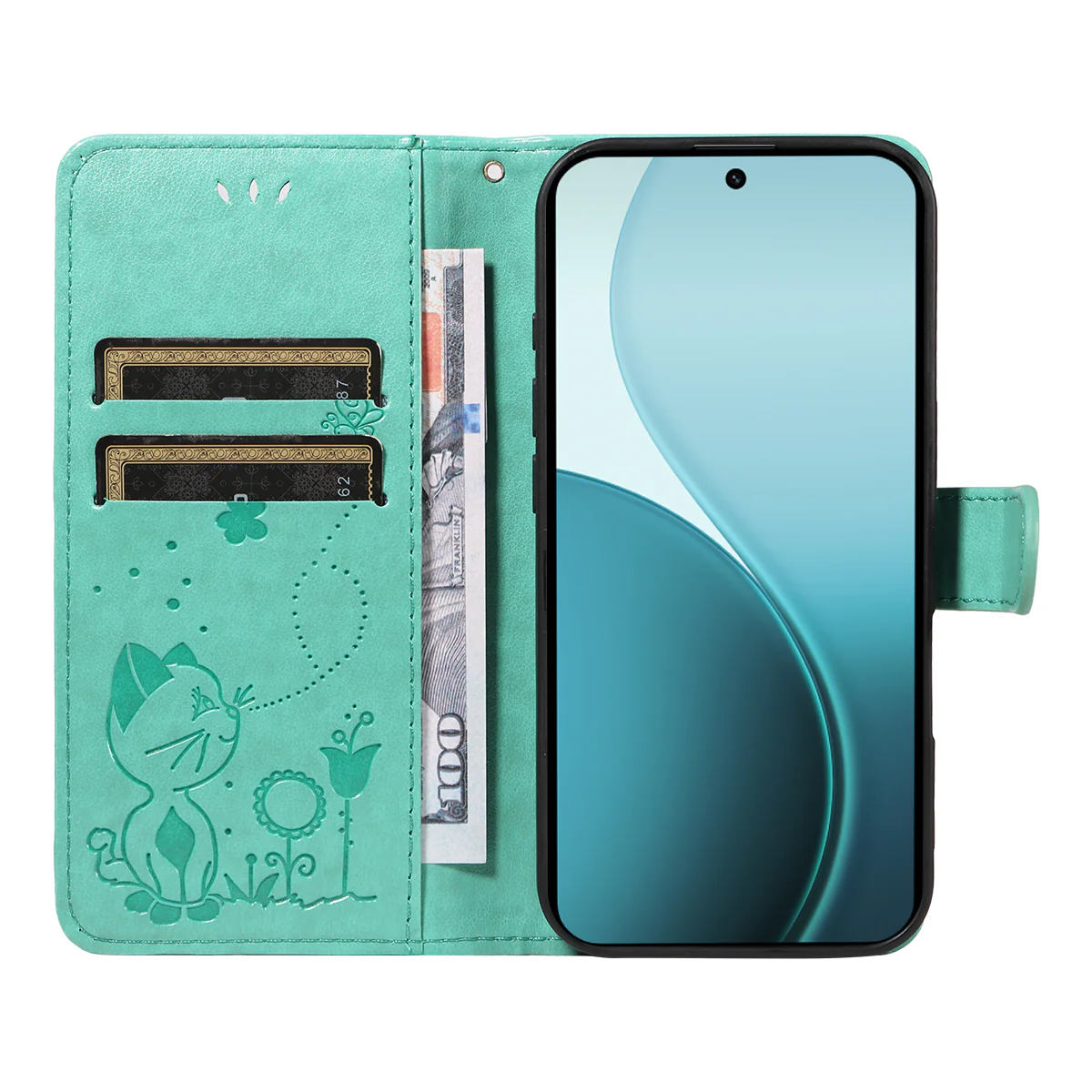 For Oppo Reno14 Pro 5G (China) / Oppo Reno14 Pro 5G (Global) Leather Wallet Case Cat Bee Pattern Phone Cover Stand - Green - Image 2