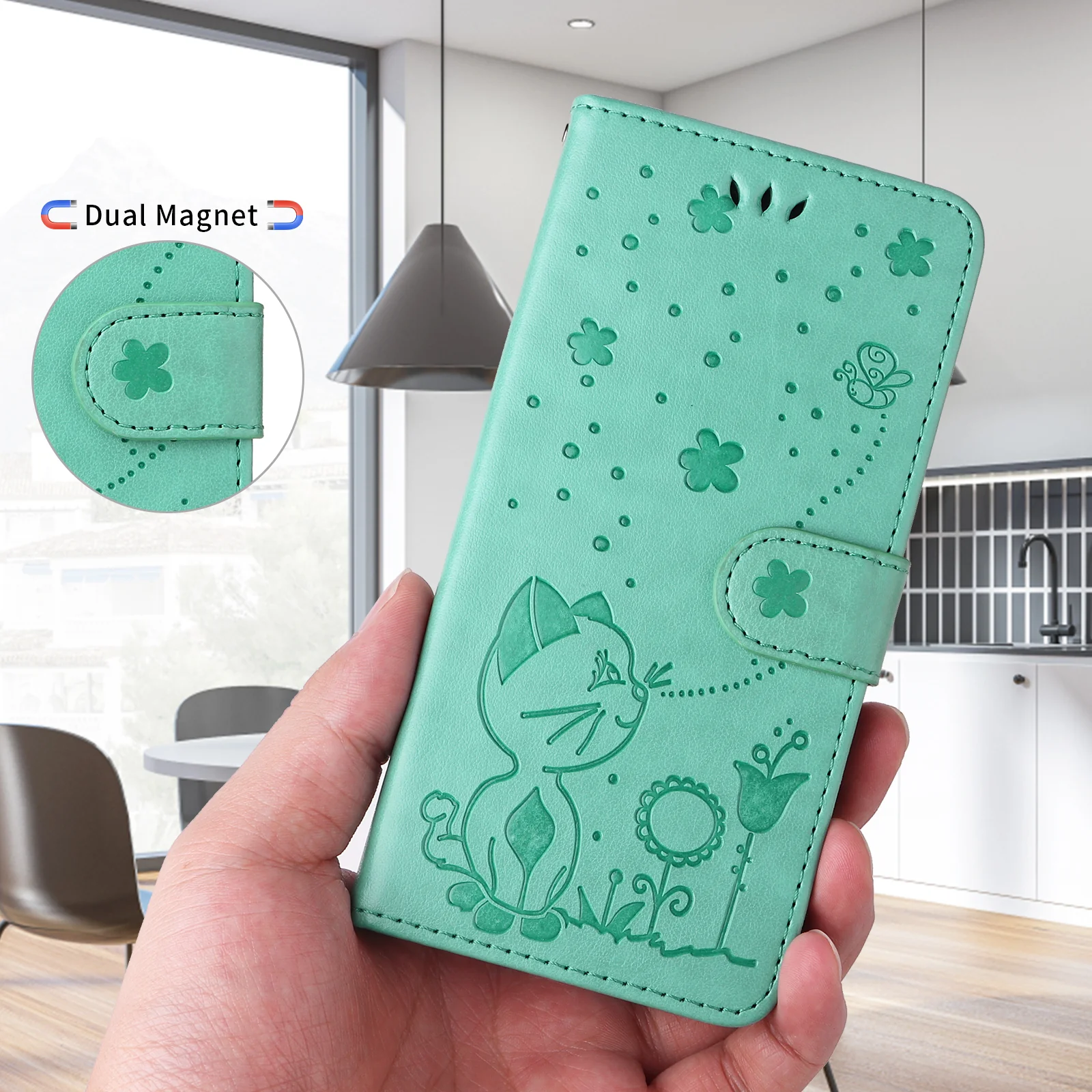 For Oppo Reno14 Pro 5G (China) / Oppo Reno14 Pro 5G (Global) Leather Wallet Case Cat Bee Pattern Phone Cover Stand - Green - Image 4