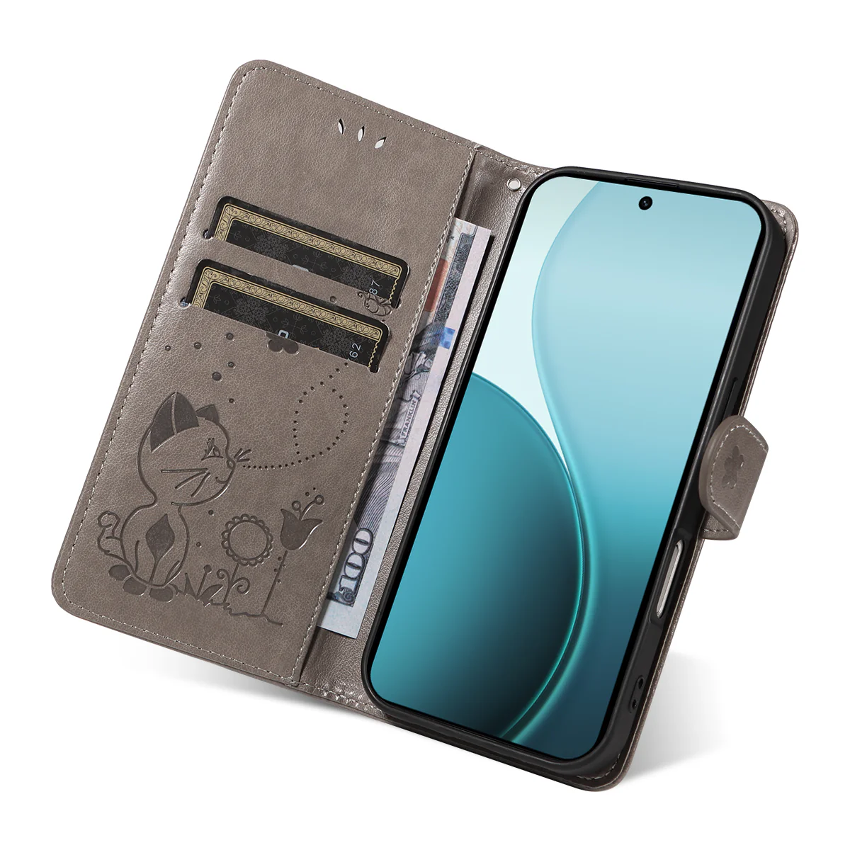 For Oppo Reno14 Pro 5G (China) / Oppo Reno14 Pro 5G (Global) Leather Wallet Case Cat Bee Pattern Phone Cover Stand - Grey - Image 8