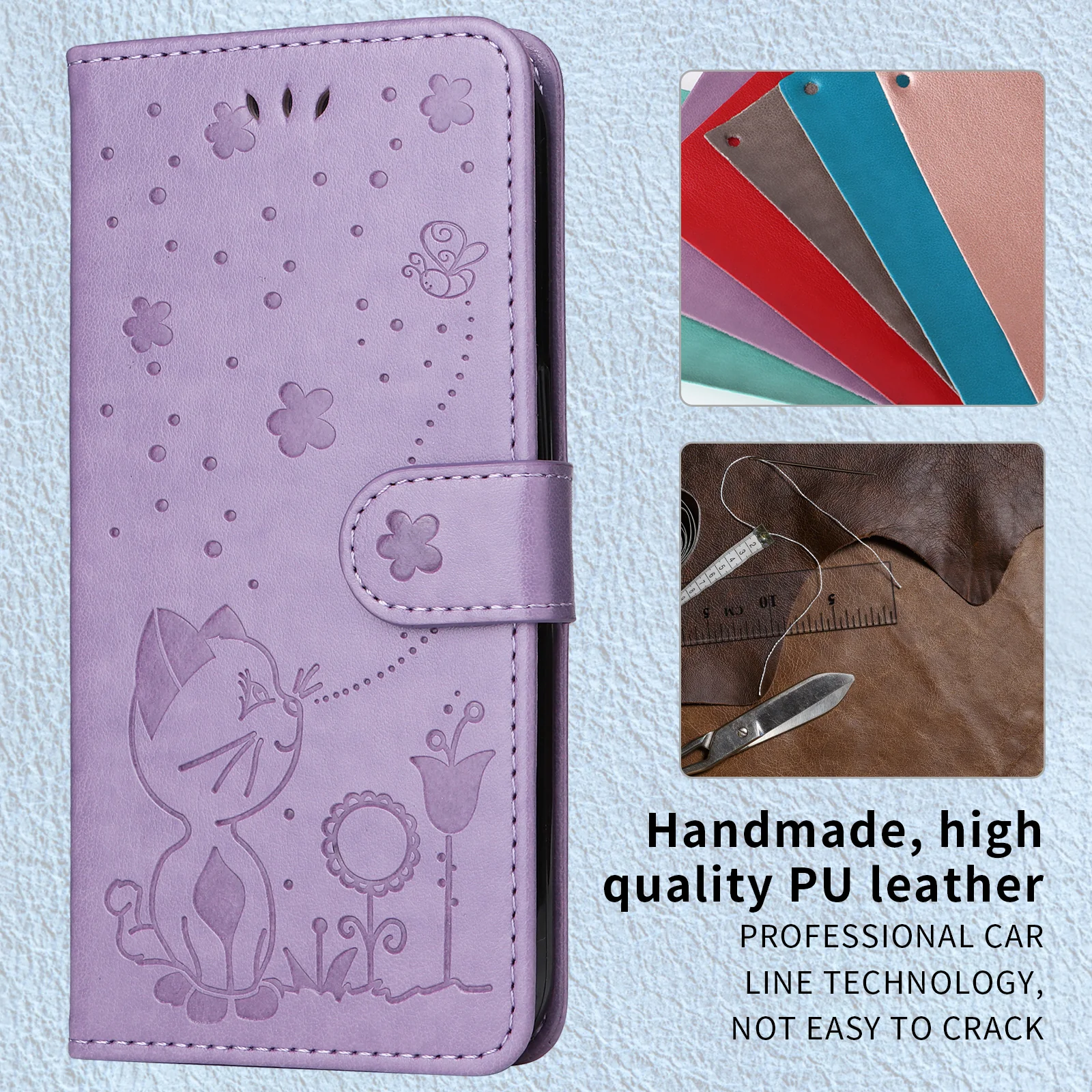 For Oppo Reno14 Pro 5G (China) / Oppo Reno14 Pro 5G (Global) Leather Wallet Case Cat Bee Pattern Phone Cover Stand - Purple - Image 3