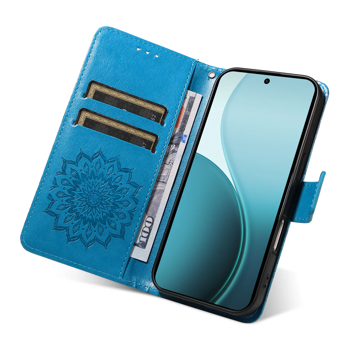 For Oppo Reno14 Pro 5G (China) / Oppo Reno14 Pro 5G (Global) Leather Wallet Case Sunflower Imprinted Phone Cover - Blue - Image 7