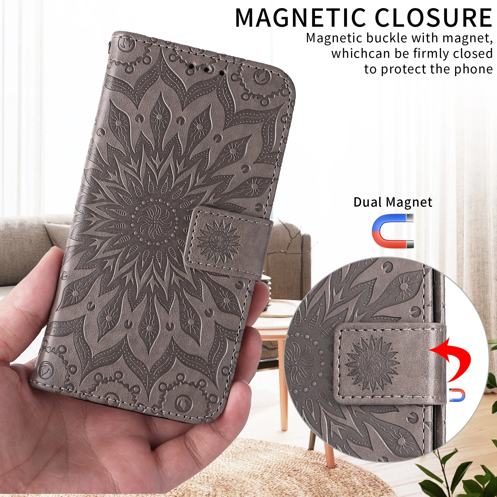 For Oppo Reno14 Pro 5G (China) / Oppo Reno14 Pro 5G (Global) Leather Wallet Case Sunflower Imprinted Phone Cover - Grey - Image 4
