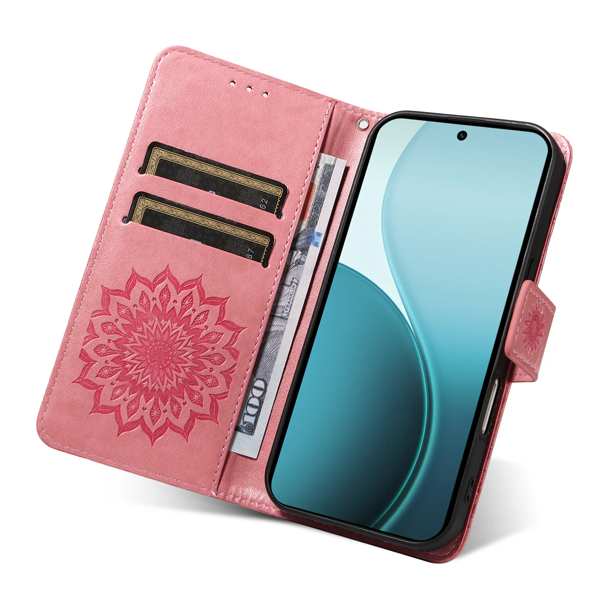 For Oppo Reno14 Pro 5G (China) / Oppo Reno14 Pro 5G (Global) Leather Wallet Case Sunflower Imprinted Phone Cover - Pink - Image 7