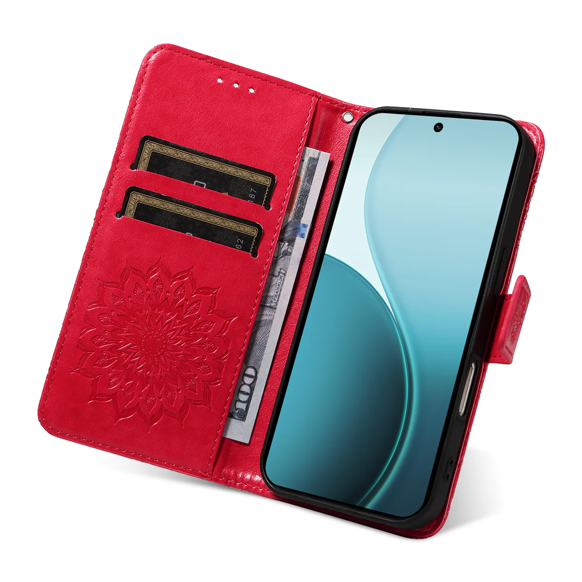 For Oppo Reno14 Pro 5G (China) / Oppo Reno14 Pro 5G (Global) Leather Wallet Case Sunflower Imprinted Phone Cover - Red - Image 7