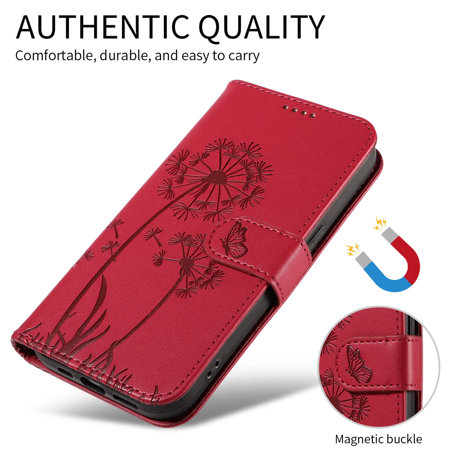 For Oppo Reno14 Pro 5G (China) / Oppo Reno14 Pro 5G (Global) Leather Wallet Case with Strap Dandelion Imprint Phone Stand Cover - Red - Image 3