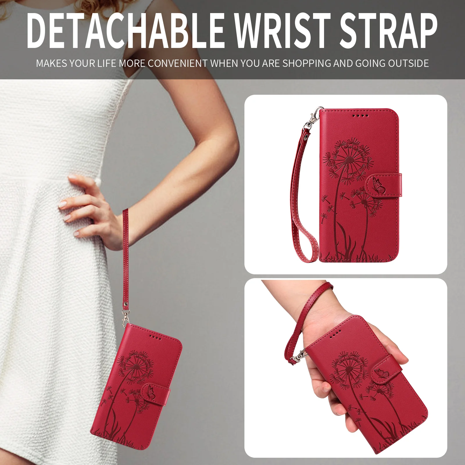 For Oppo Reno14 Pro 5G (China) / Oppo Reno14 Pro 5G (Global) Leather Wallet Case with Strap Dandelion Imprint Phone Stand Cover - Red - Image 4