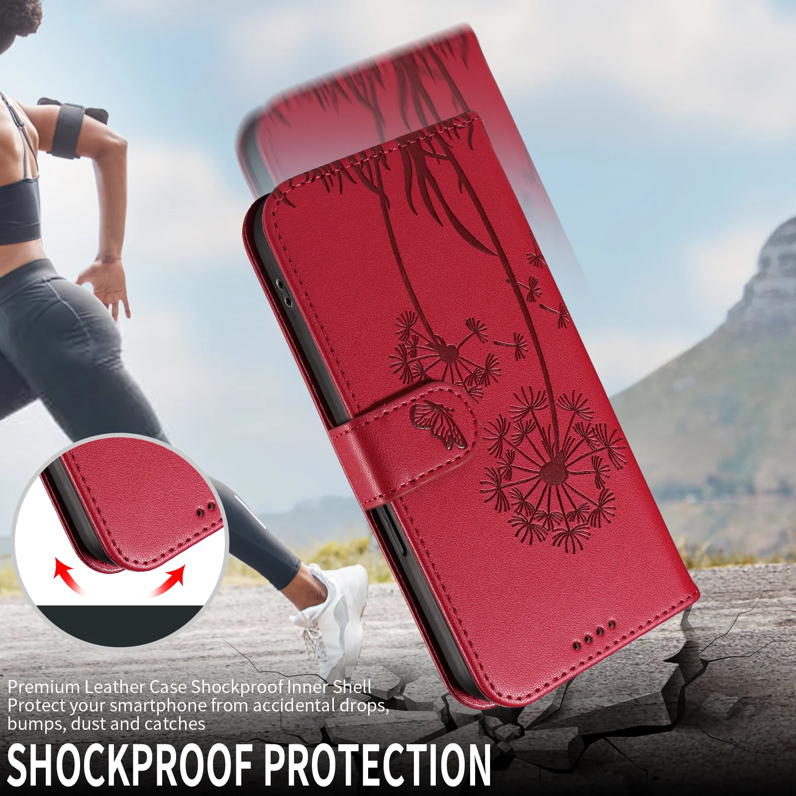 For Oppo Reno14 Pro 5G (China) / Oppo Reno14 Pro 5G (Global) Leather Wallet Case with Strap Dandelion Imprint Phone Stand Cover - Red - Image 5