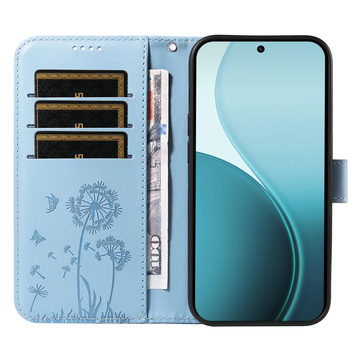 For Oppo Reno14 Pro 5G (China) / Oppo Reno14 Pro 5G (Global) Leather Wallet Case with Strap Dandelion Imprint Phone Stand Cover - Sky Blue - Image 2