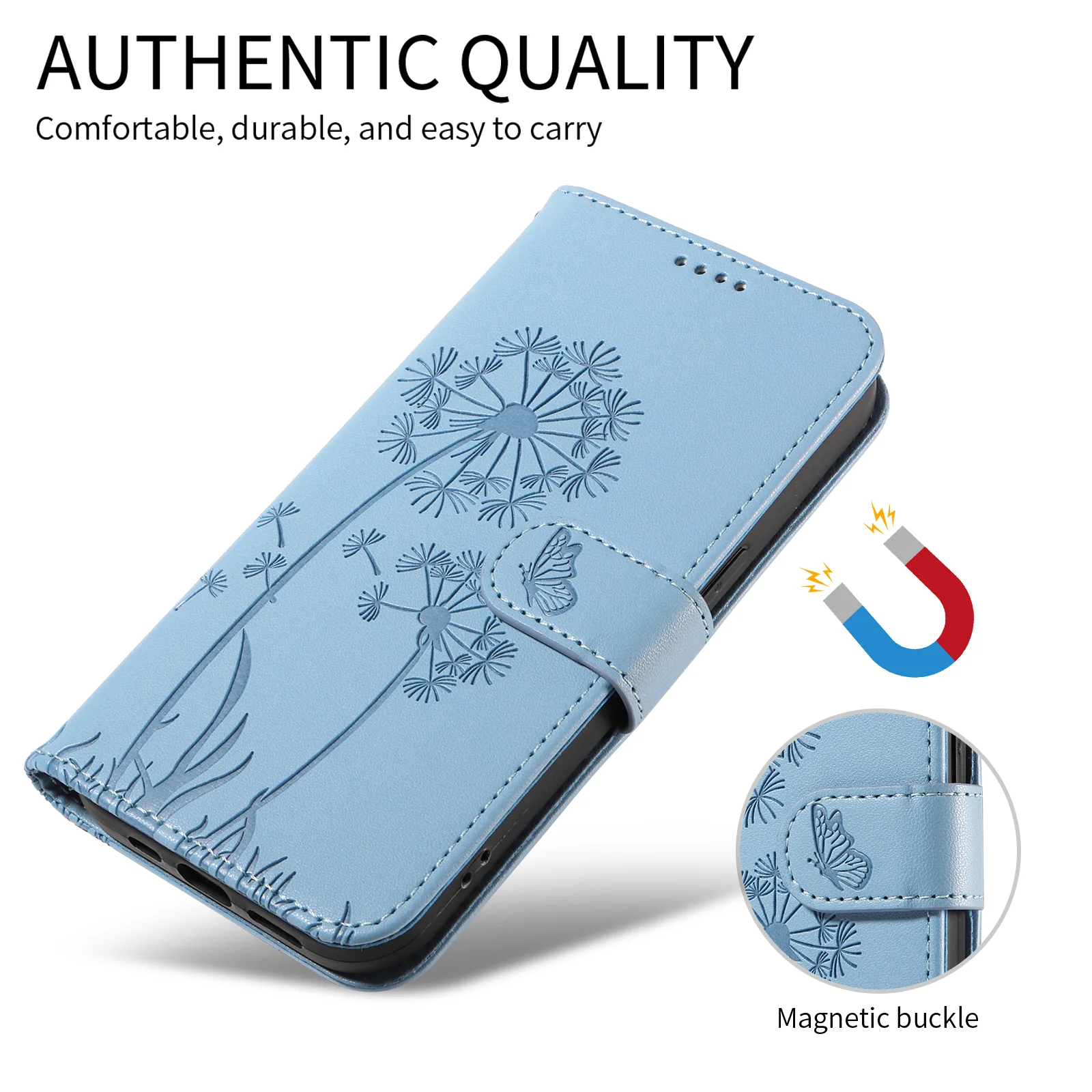 For Oppo Reno14 Pro 5G (China) / Oppo Reno14 Pro 5G (Global) Leather Wallet Case with Strap Dandelion Imprint Phone Stand Cover - Sky Blue - Image 4