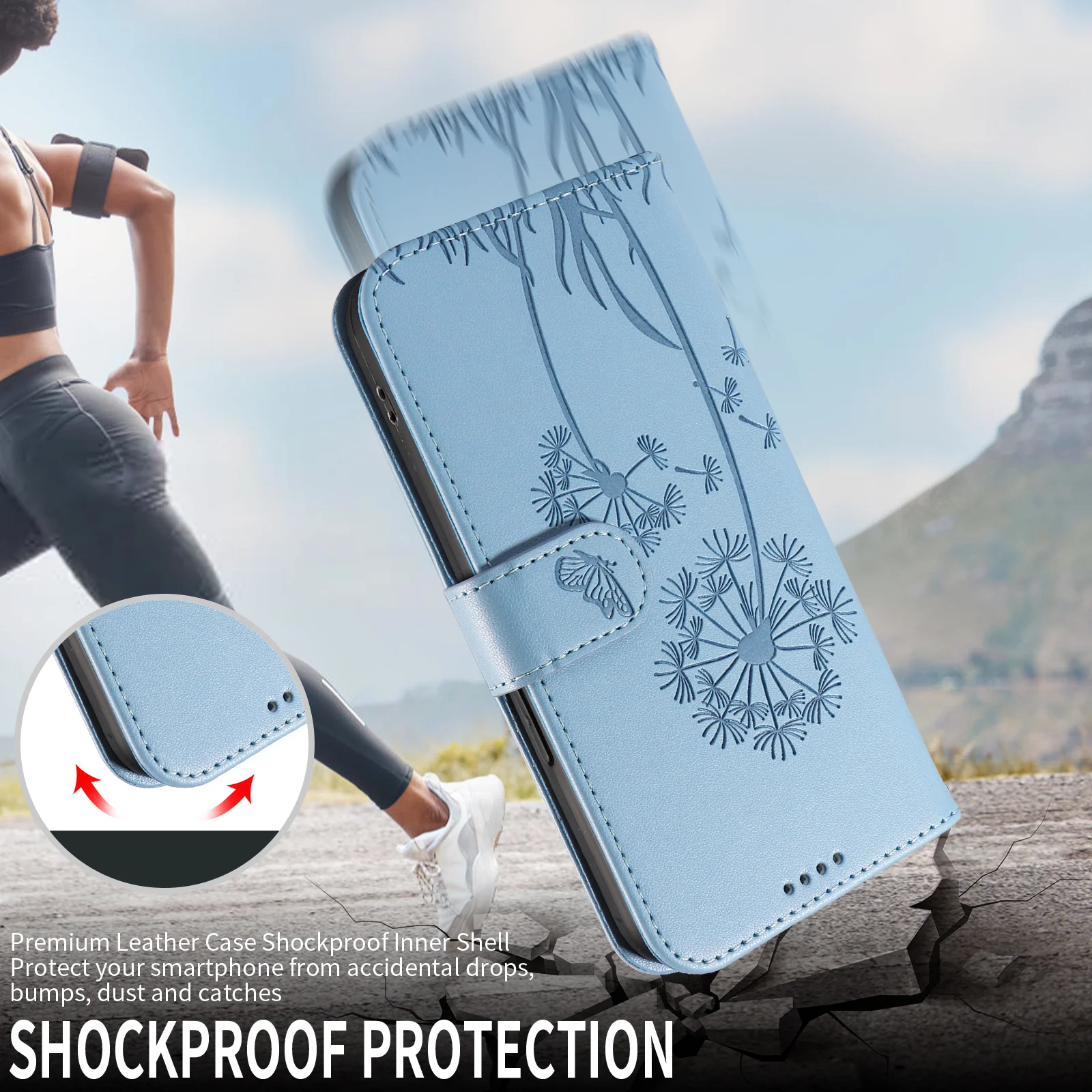 For Oppo Reno14 Pro 5G (China) / Oppo Reno14 Pro 5G (Global) Leather Wallet Case with Strap Dandelion Imprint Phone Stand Cover - Sky Blue - Image 5