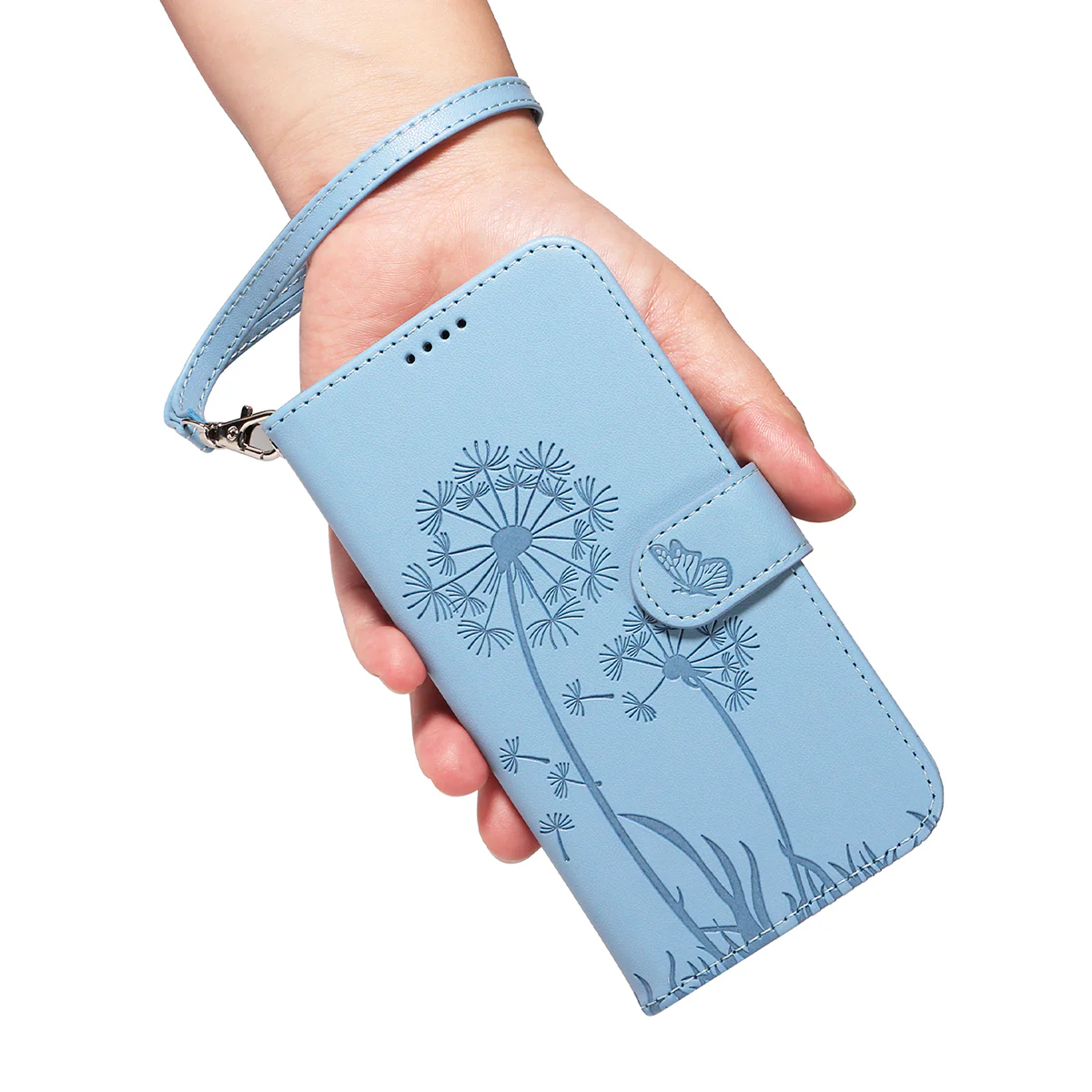 For Oppo Reno14 Pro 5G (China) / Oppo Reno14 Pro 5G (Global) Leather Wallet Case with Strap Dandelion Imprint Phone Stand Cover - Sky Blue - Image 7