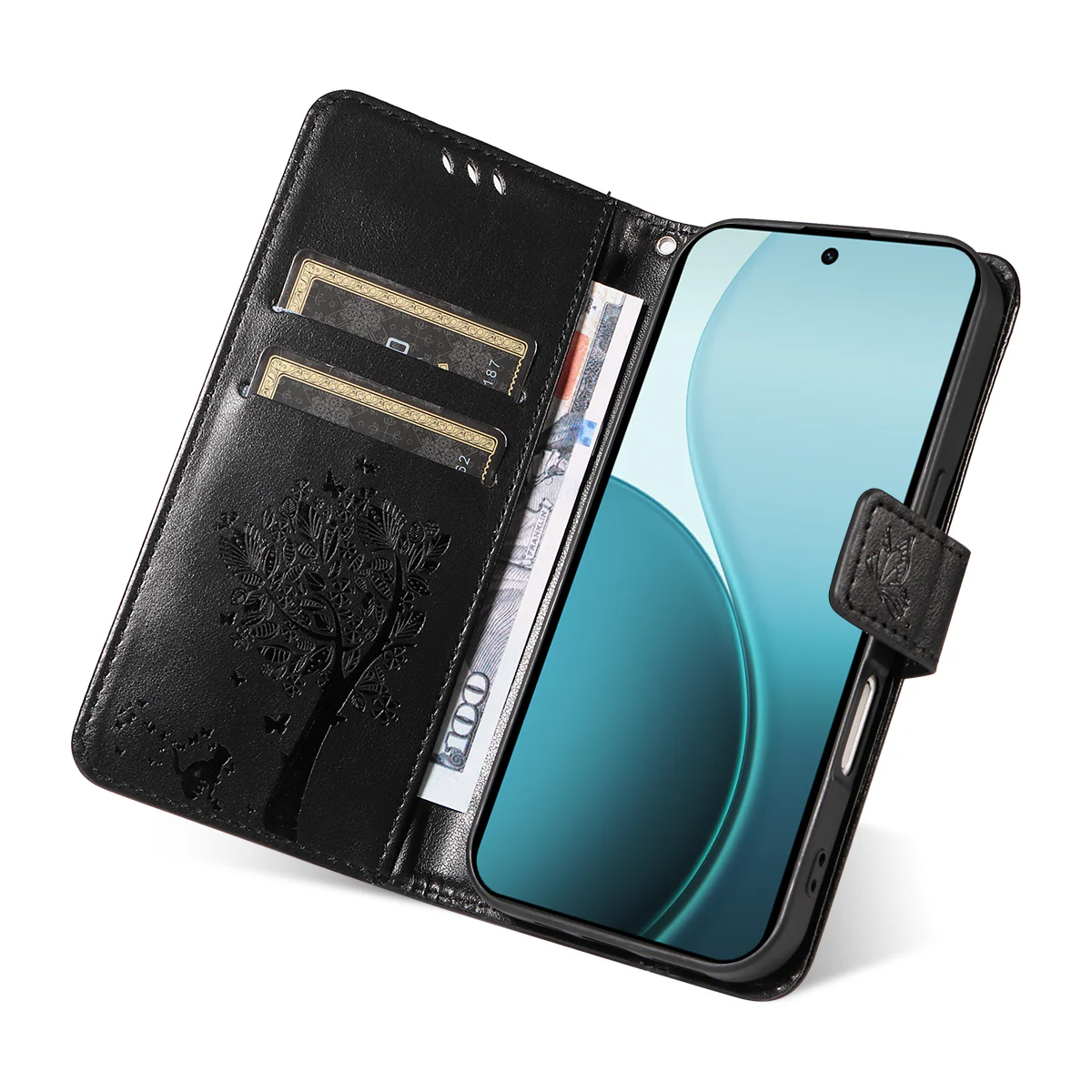 For Oppo Reno14 Pro 5G (China) / Oppo Reno14 Pro 5G (Global) Phone Case with Stand Cat Tree Pattern Leather Wallet Mobile Cover -  Black - Image 8