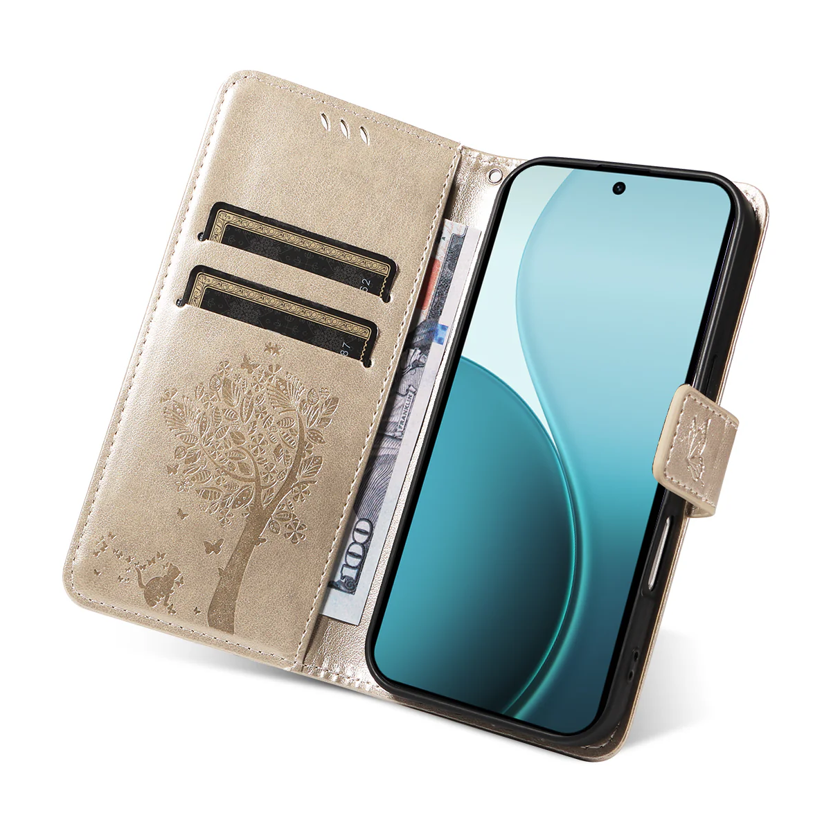 For Oppo Reno14 Pro 5G (China) / Oppo Reno14 Pro 5G (Global) Phone Case with Stand Cat Tree Pattern Leather Wallet Mobile Cover - Gold - Image 8