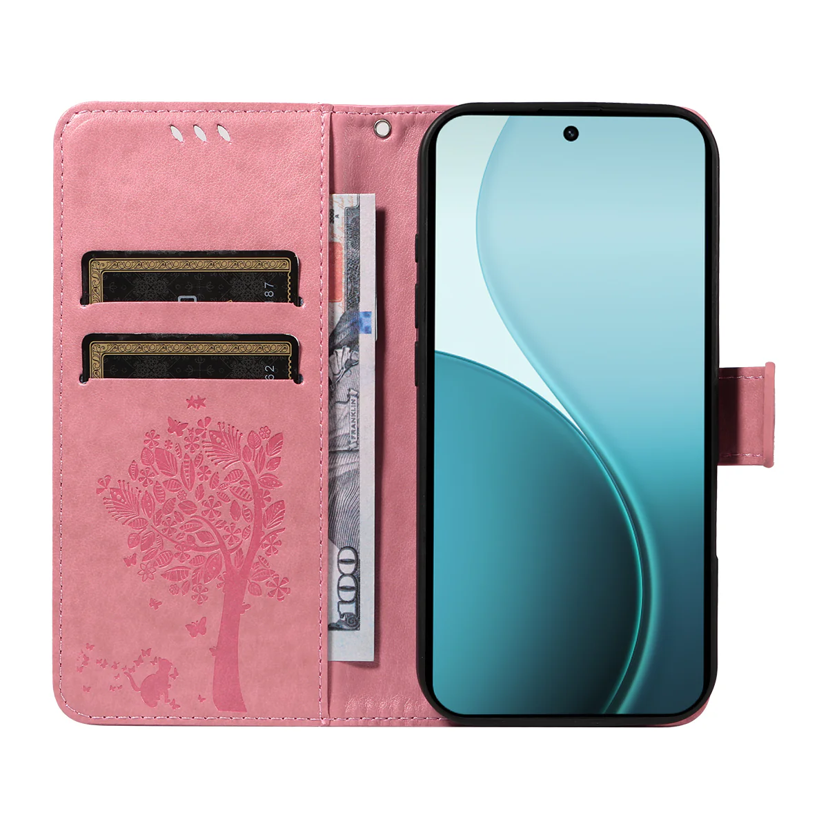 For Oppo Reno14 Pro 5G (China) / Oppo Reno14 Pro 5G (Global) Phone Case with Stand Cat Tree Pattern Leather Wallet Mobile Cover - Pink - Image 2