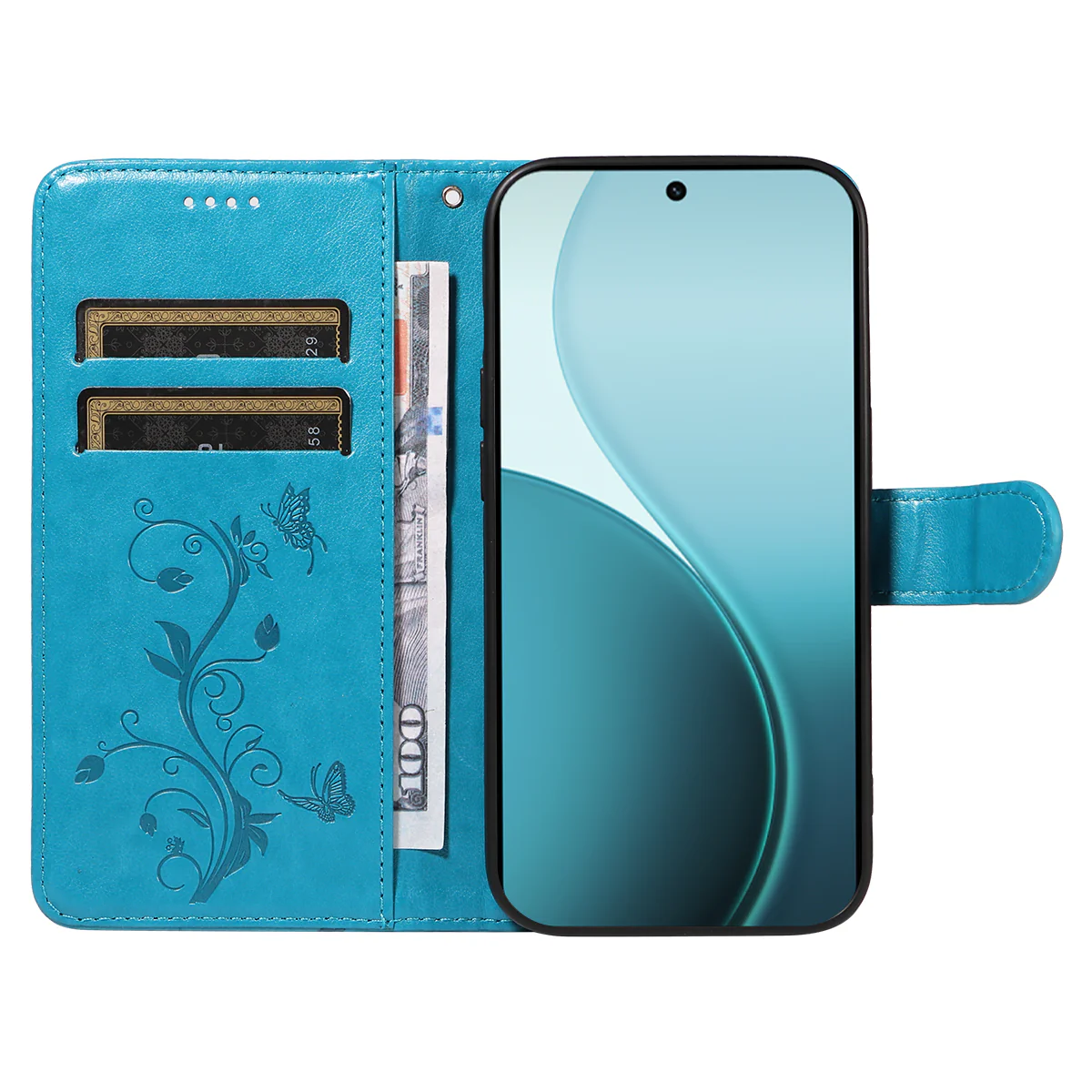 For Oppo Reno14 Pro 5G (China) / Oppo Reno14 Pro 5G (Global) PU Leather Cases Flower Pattern Wallet Stand Phone Cover with Strap - Blue - Image 2