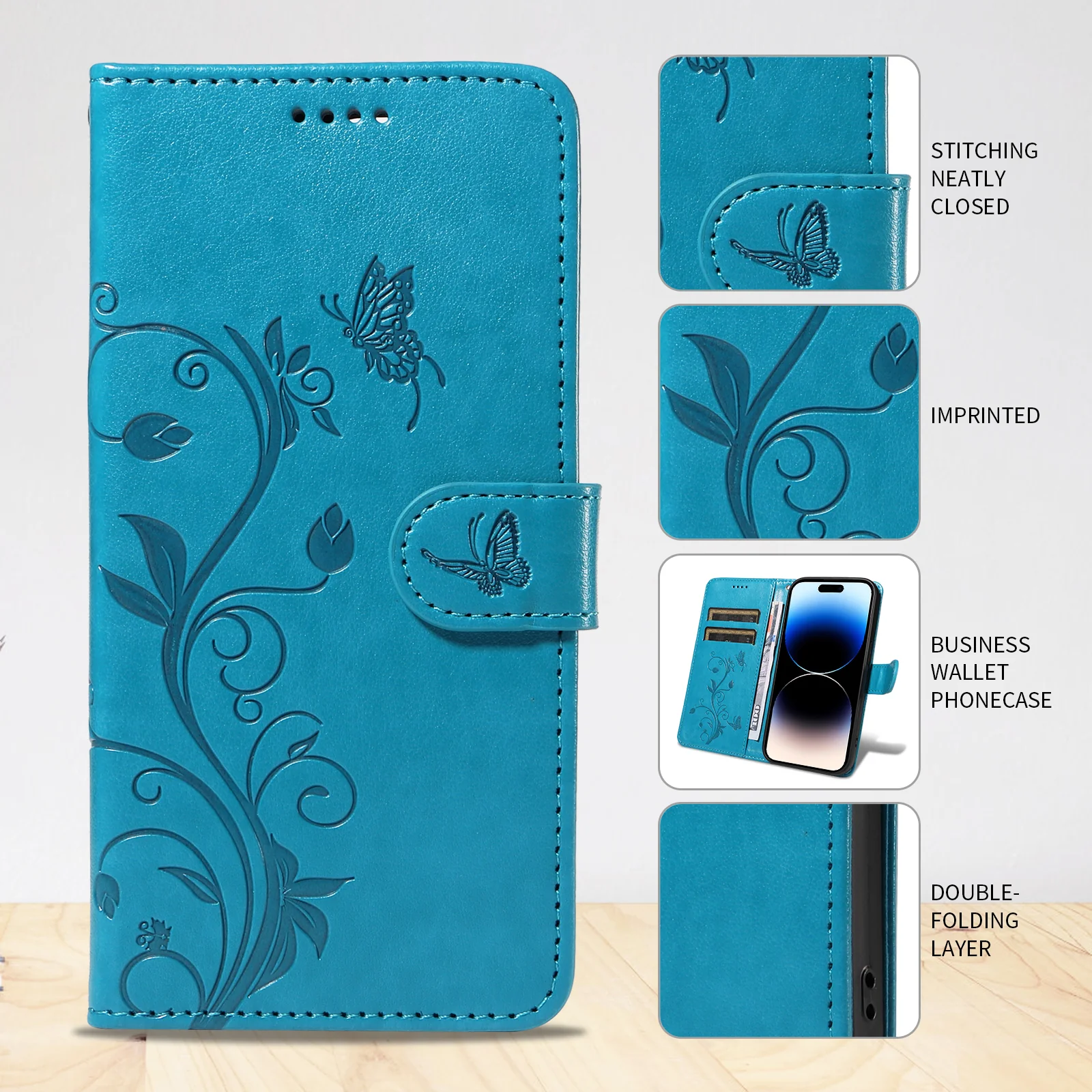 For Oppo Reno14 Pro 5G (China) / Oppo Reno14 Pro 5G (Global) PU Leather Cases Flower Pattern Wallet Stand Phone Cover with Strap - Blue - Image 3