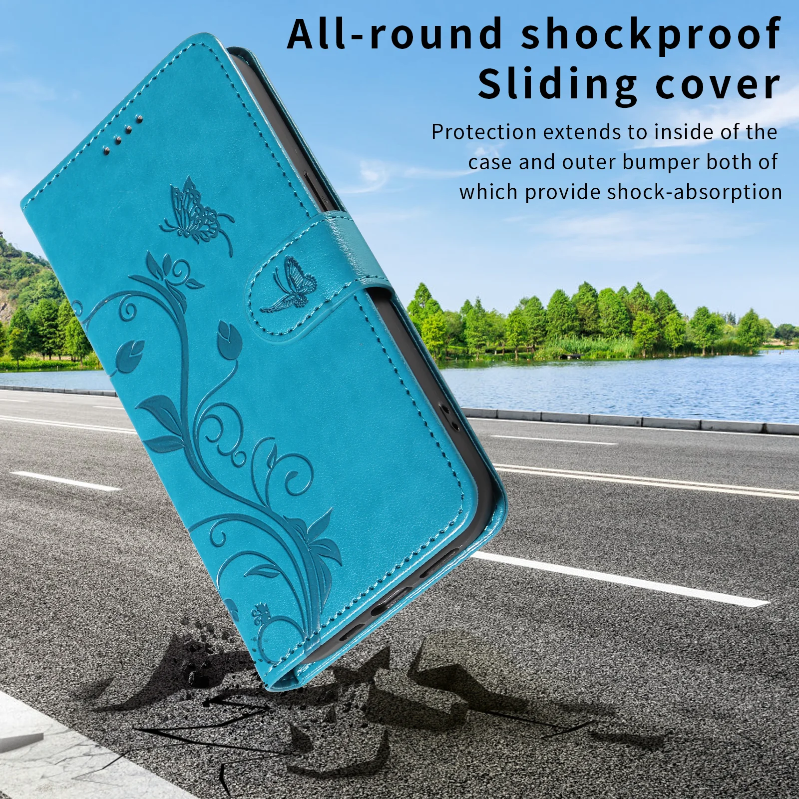 For Oppo Reno14 Pro 5G (China) / Oppo Reno14 Pro 5G (Global) PU Leather Cases Flower Pattern Wallet Stand Phone Cover with Strap - Blue - Image 4