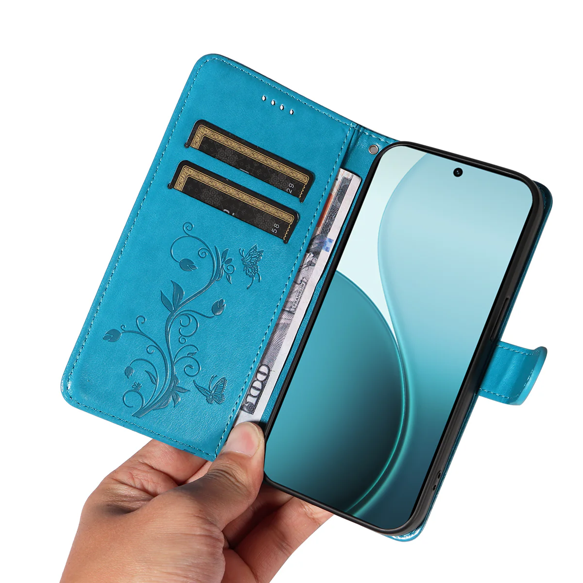For Oppo Reno14 Pro 5G (China) / Oppo Reno14 Pro 5G (Global) PU Leather Cases Flower Pattern Wallet Stand Phone Cover with Strap - Blue - Image 7