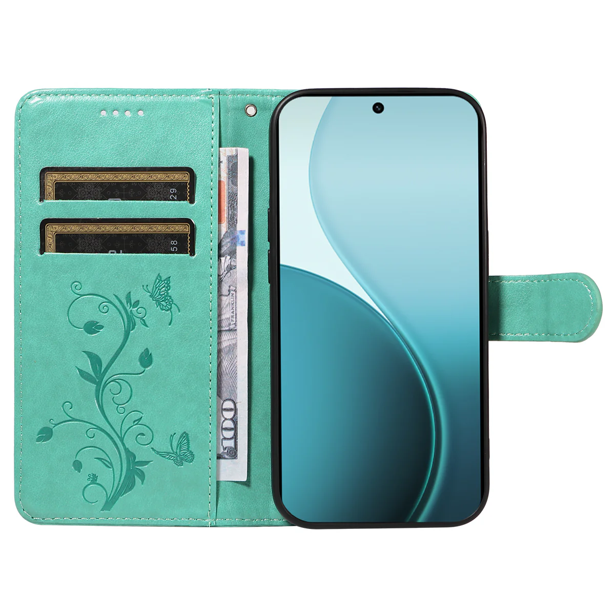 For Oppo Reno14 Pro 5G (China) / Oppo Reno14 Pro 5G (Global) PU Leather Cases Flower Pattern Wallet Stand Phone Cover with Strap - Green - Image 2