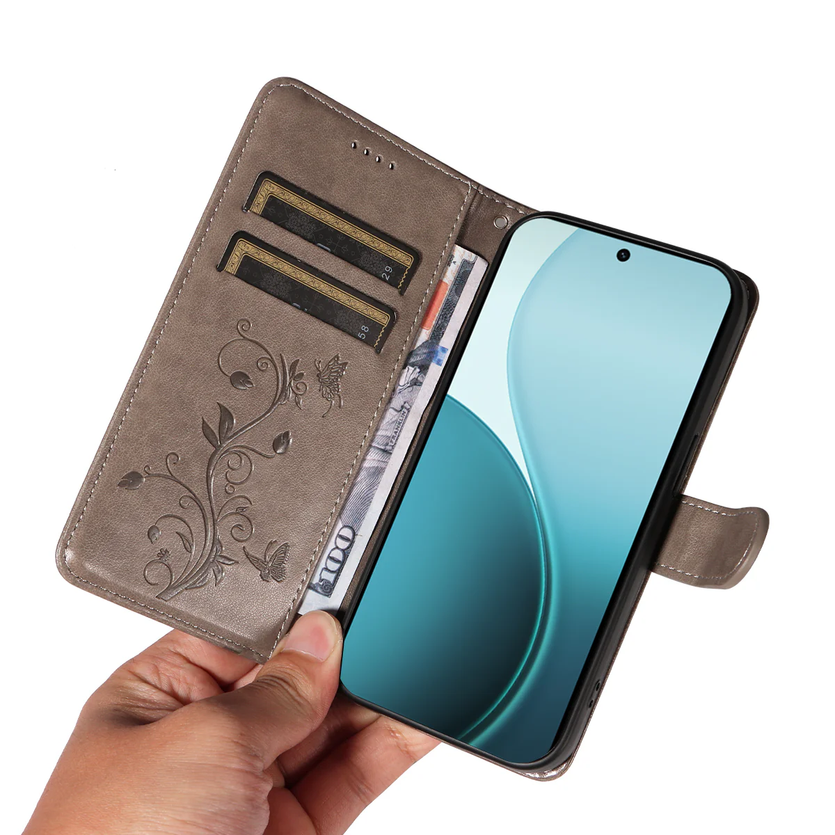 For Oppo Reno14 Pro 5G (China) / Oppo Reno14 Pro 5G (Global) PU Leather Cases Flower Pattern Wallet Stand Phone Cover with Strap - Grey - Image 7