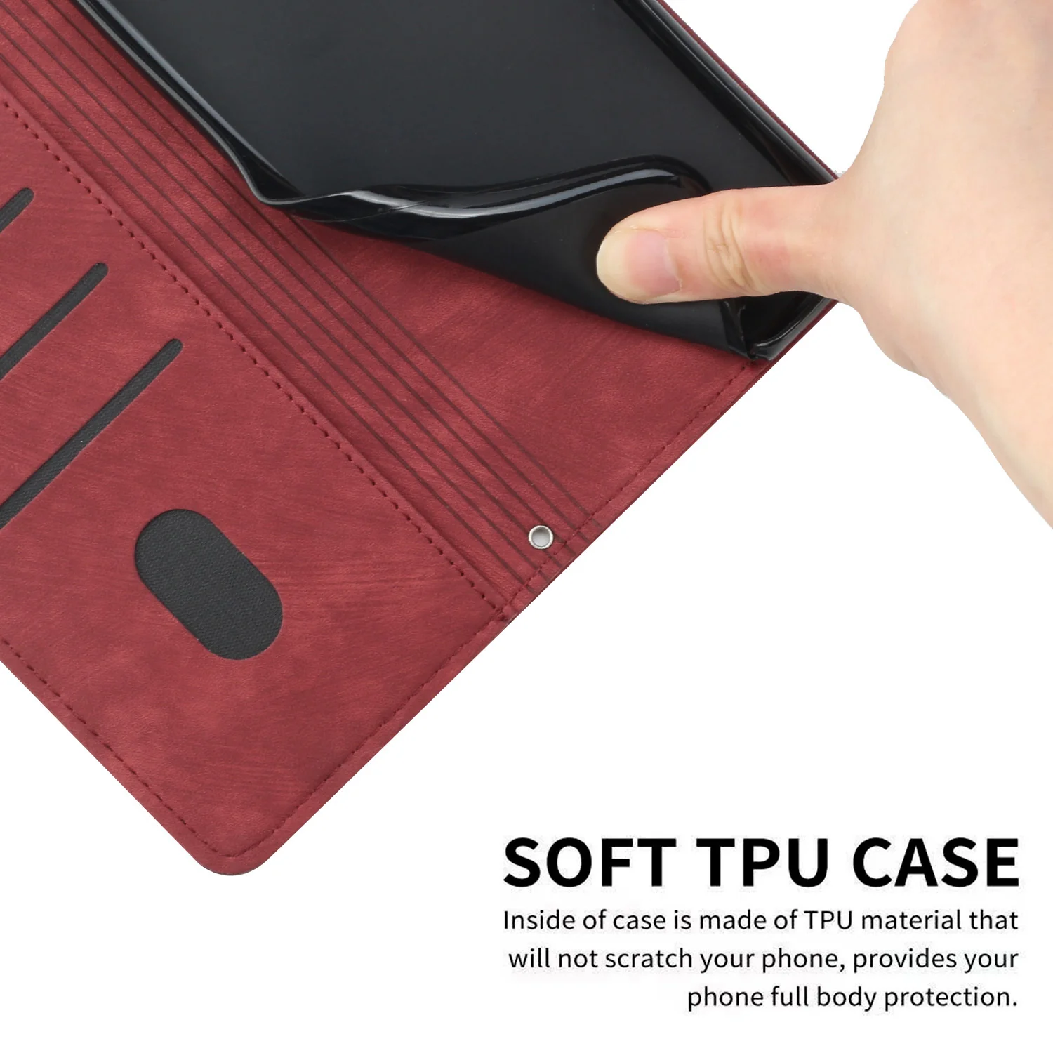 For Oppo Reno14 Pro 5G (China) / Oppo Reno14 Pro 5G (Global) Stand Case Imprinted Lines Leather Phone Cover - Red - Image 4