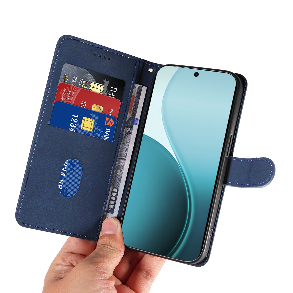 For Oppo Reno14 Pro 5G (China) / Oppo Reno14 Pro 5G (Global) Wallet Case Leather Phone Cover Stand with Curved Line Design - Blue - Image 8