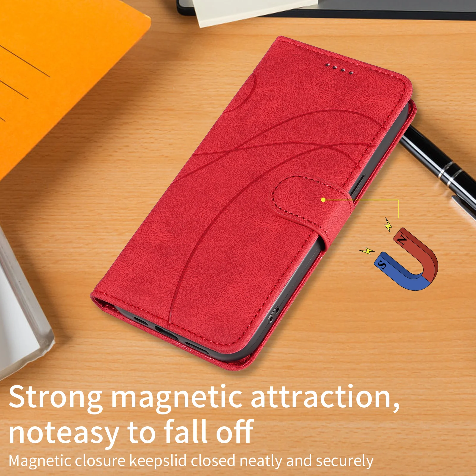 For Oppo Reno14 Pro 5G (China) / Oppo Reno14 Pro 5G (Global) Wallet Case Leather Phone Cover Stand with Curved Line Design - Red - Image 5