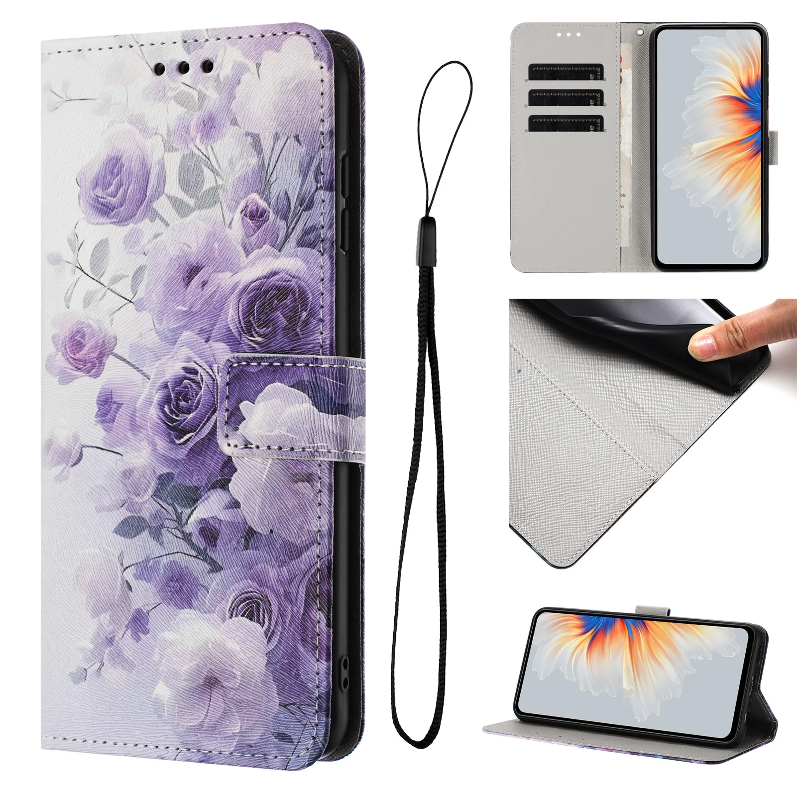 For Oppo Reno14 Pro 5G (China) / Oppo Reno14 Pro 5G (Global) Wallet Case Pattern Printing PU Leather Phone Cover with Lanyard - Purple Rose - Image 3